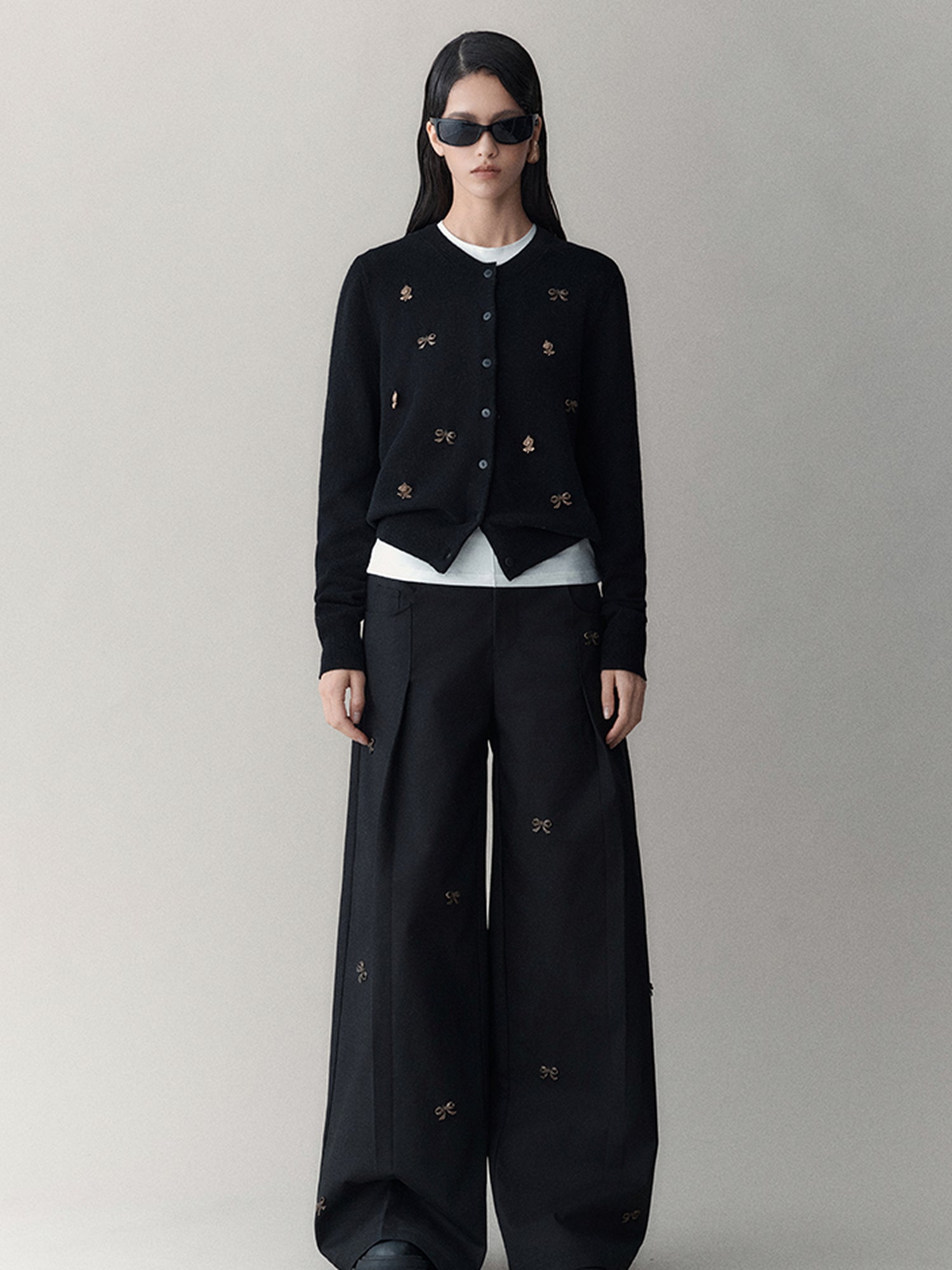 AnnoMundi Vintage Noir Bow Knit Cardigan V Neck Long Sleeve Open Front Draped Tassel