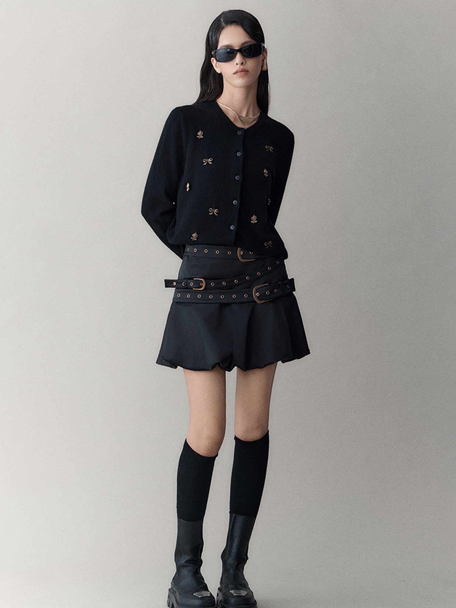 AnnoMundi Vintage Noir Bow Knit Cardigan V Neck Long Sleeve Open Front Draped Tassel