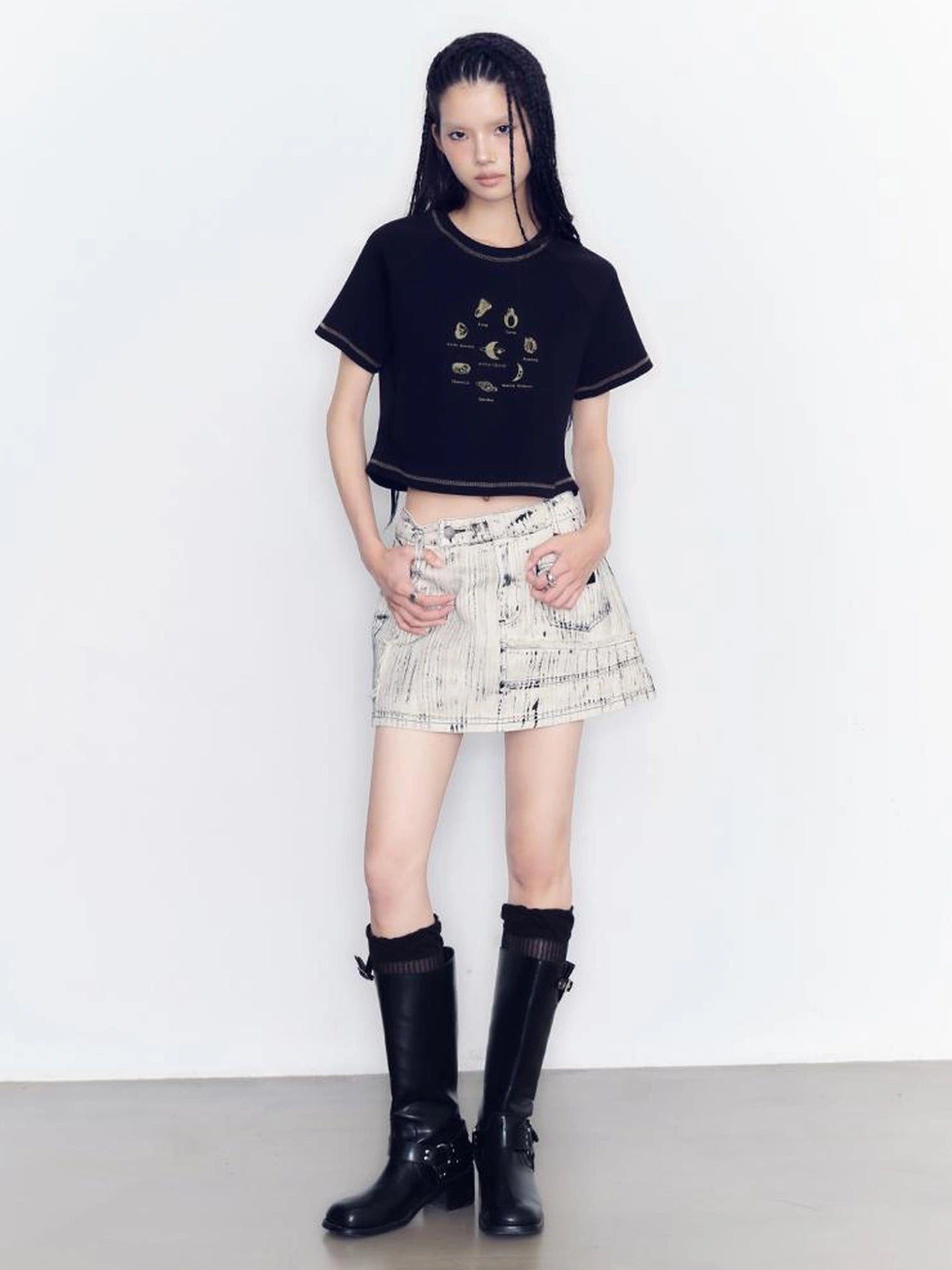 AnnoMundi Vintage Ring Print Cotton Knit V-neck T-shirt Long Sleeve T-shirt