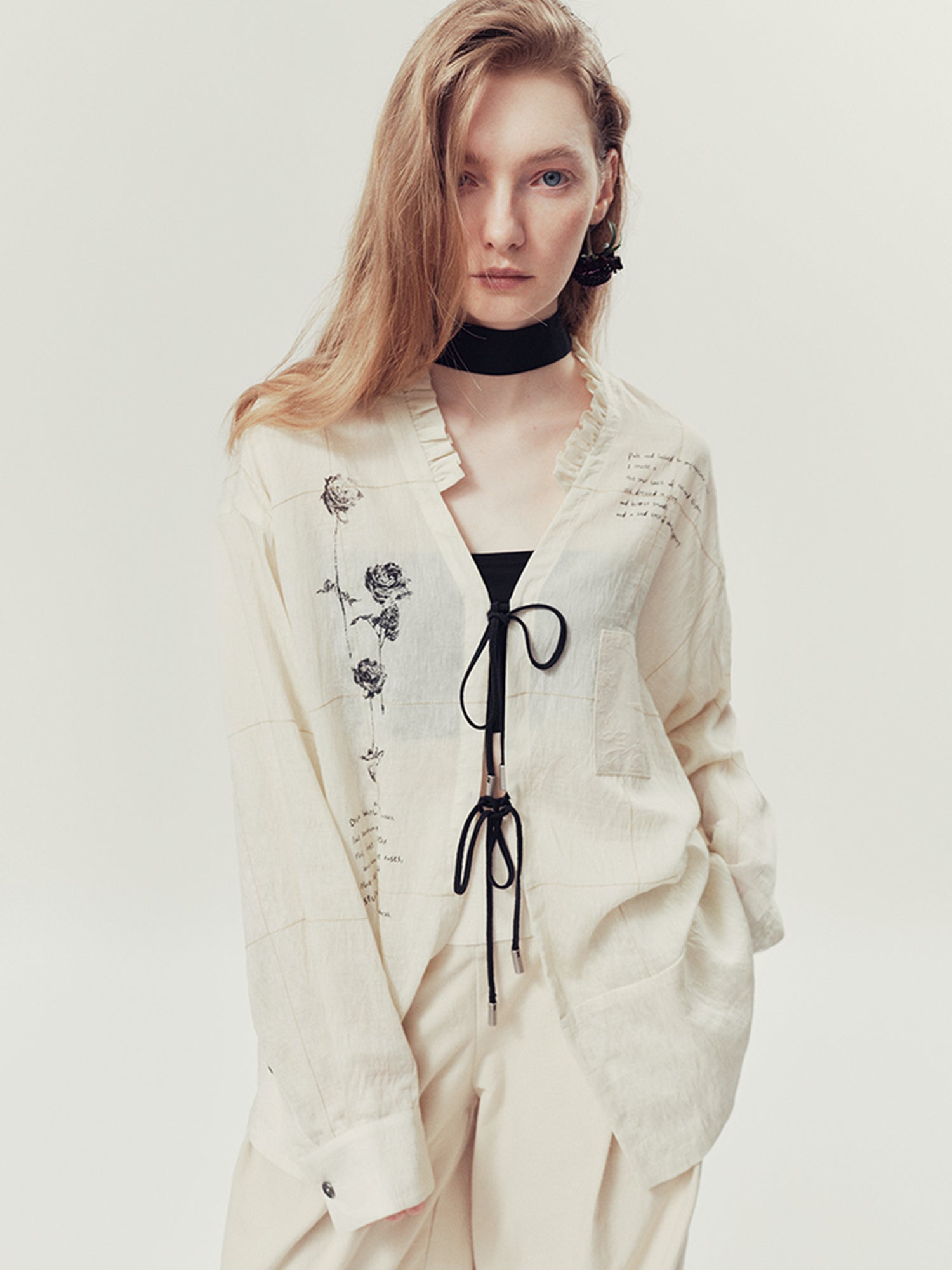 AnnoMundi Vintage Rose Poetry Linen Shirt V-Neck T-Shirt Long Sleeve