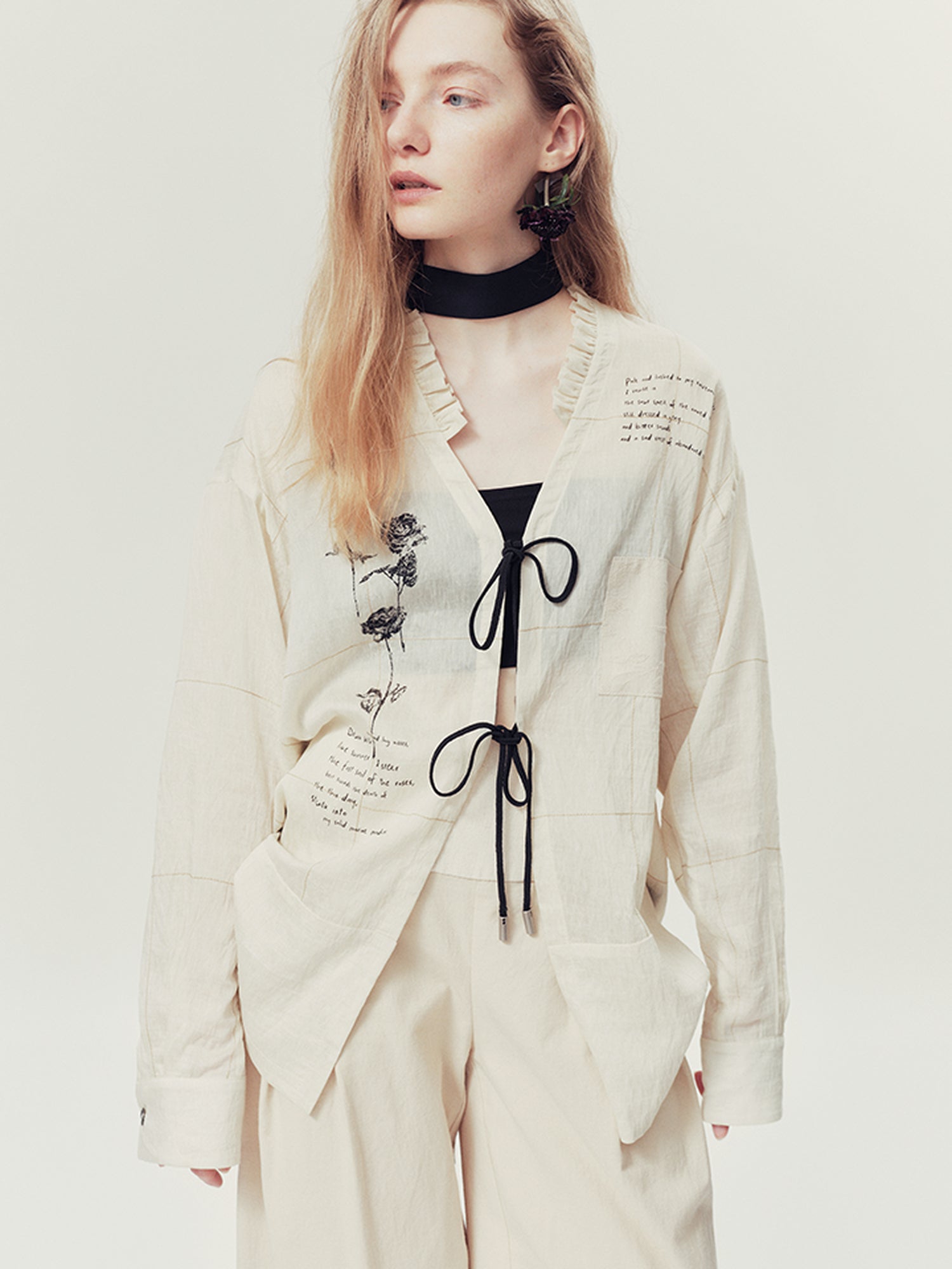 AnnoMundi Vintage Rose Poetry Linen Shirt V-Neck T-Shirt Long Sleeve