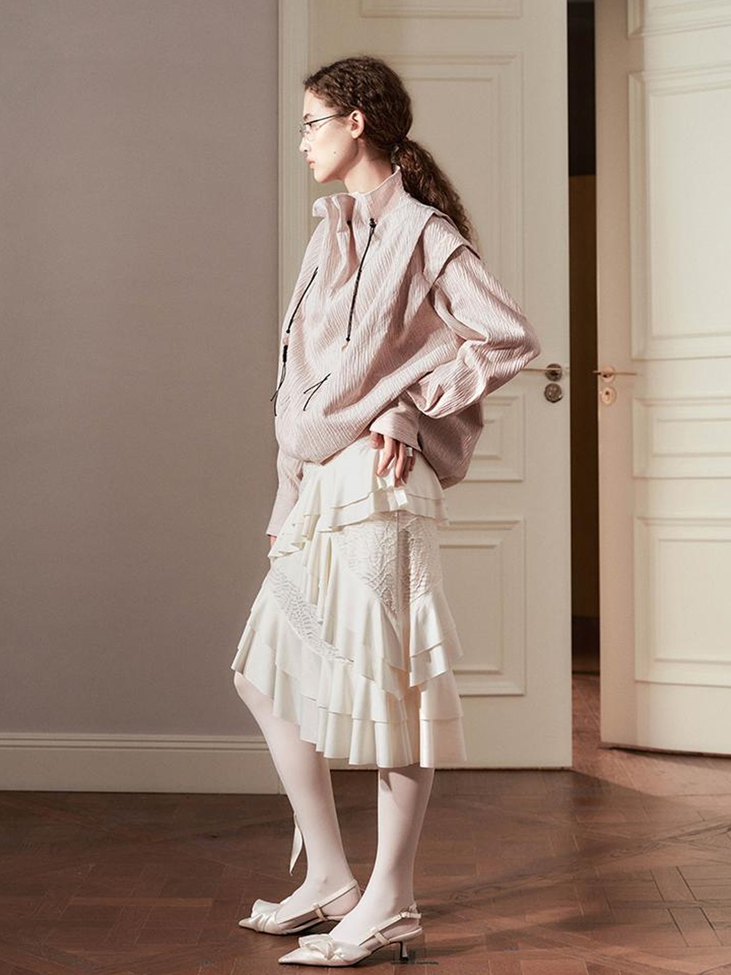 AnnoMundi Vintage Rose Textured Blouse V-Neck T-Shirt Long Sleeve