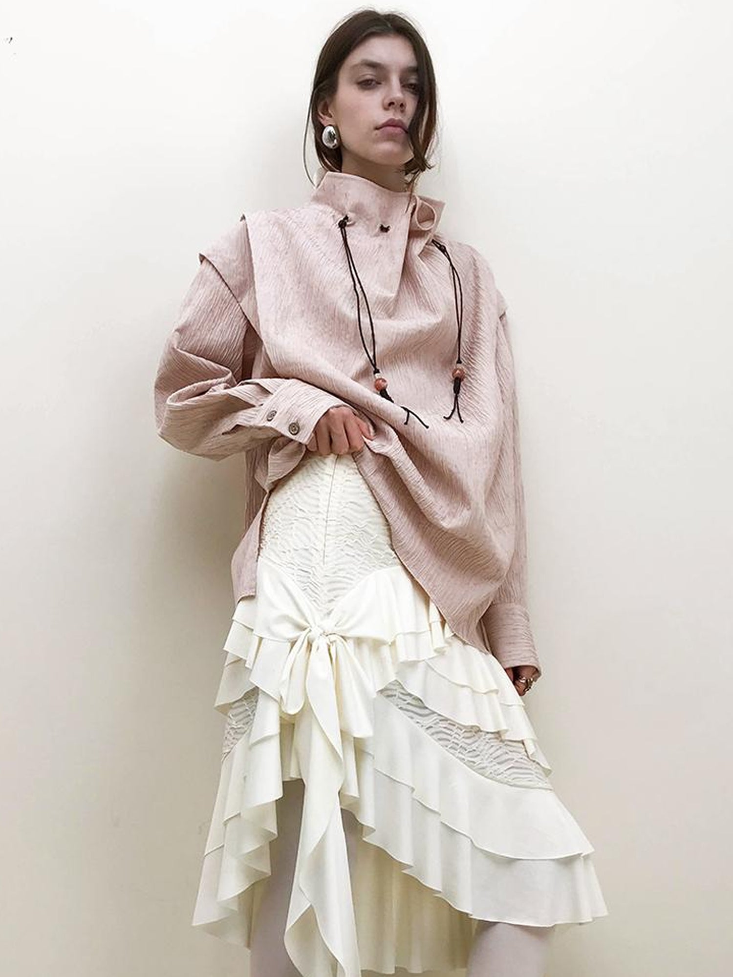 AnnoMundi Vintage Rose Textured Blouse V-Neck T-Shirt Long Sleeve