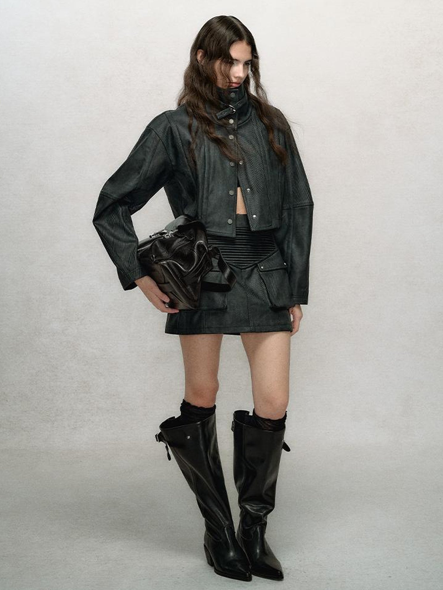 AnnoMundi Vintage Washed Dual Sided Pu Leather Jacket Skirt Set