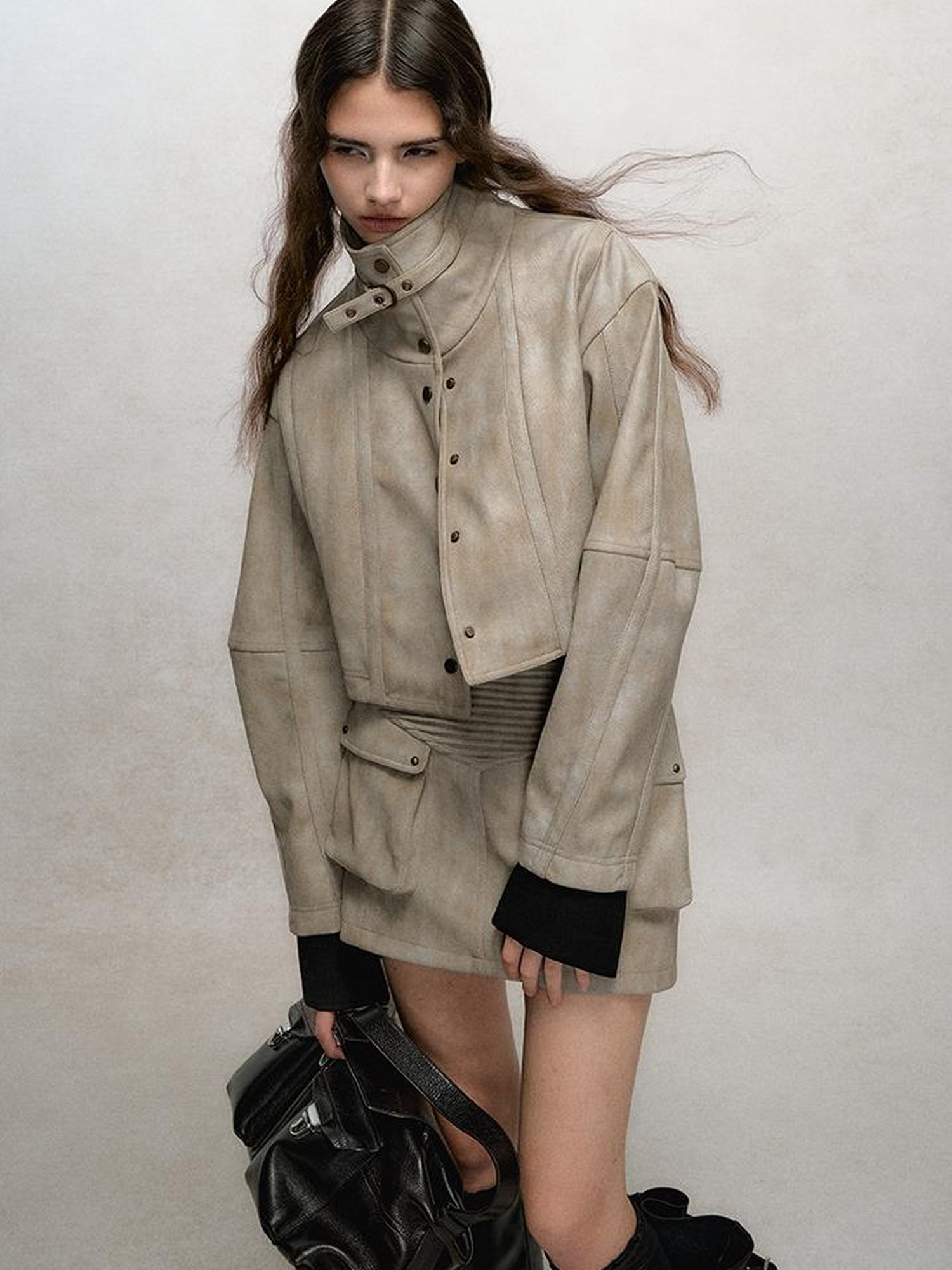 AnnoMundi Vintage Washed Dual Sided Pu Leather Jacket Skirt Set