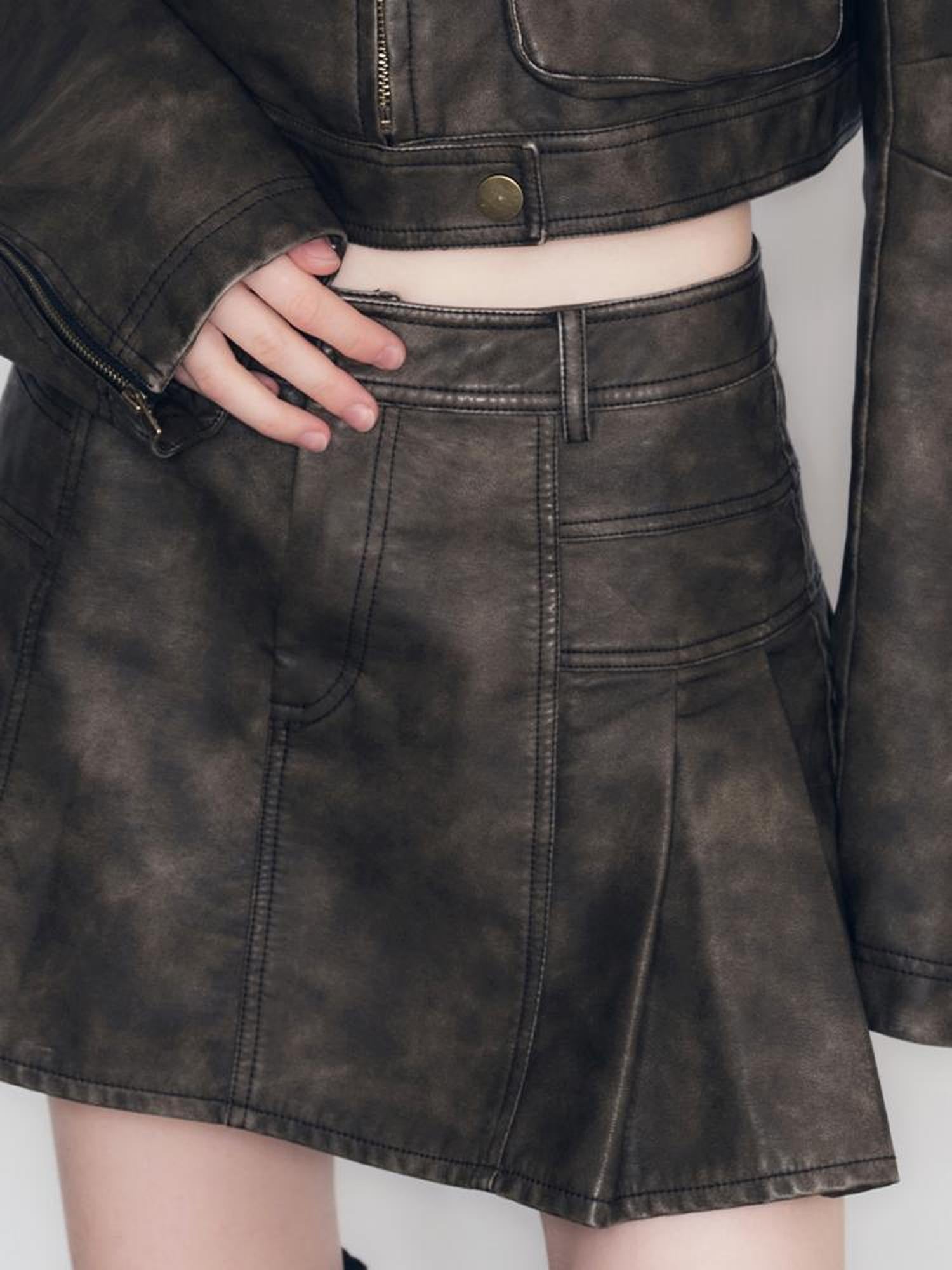 AnnoMundi Vintage Washed PU Pleated A Line Skirt