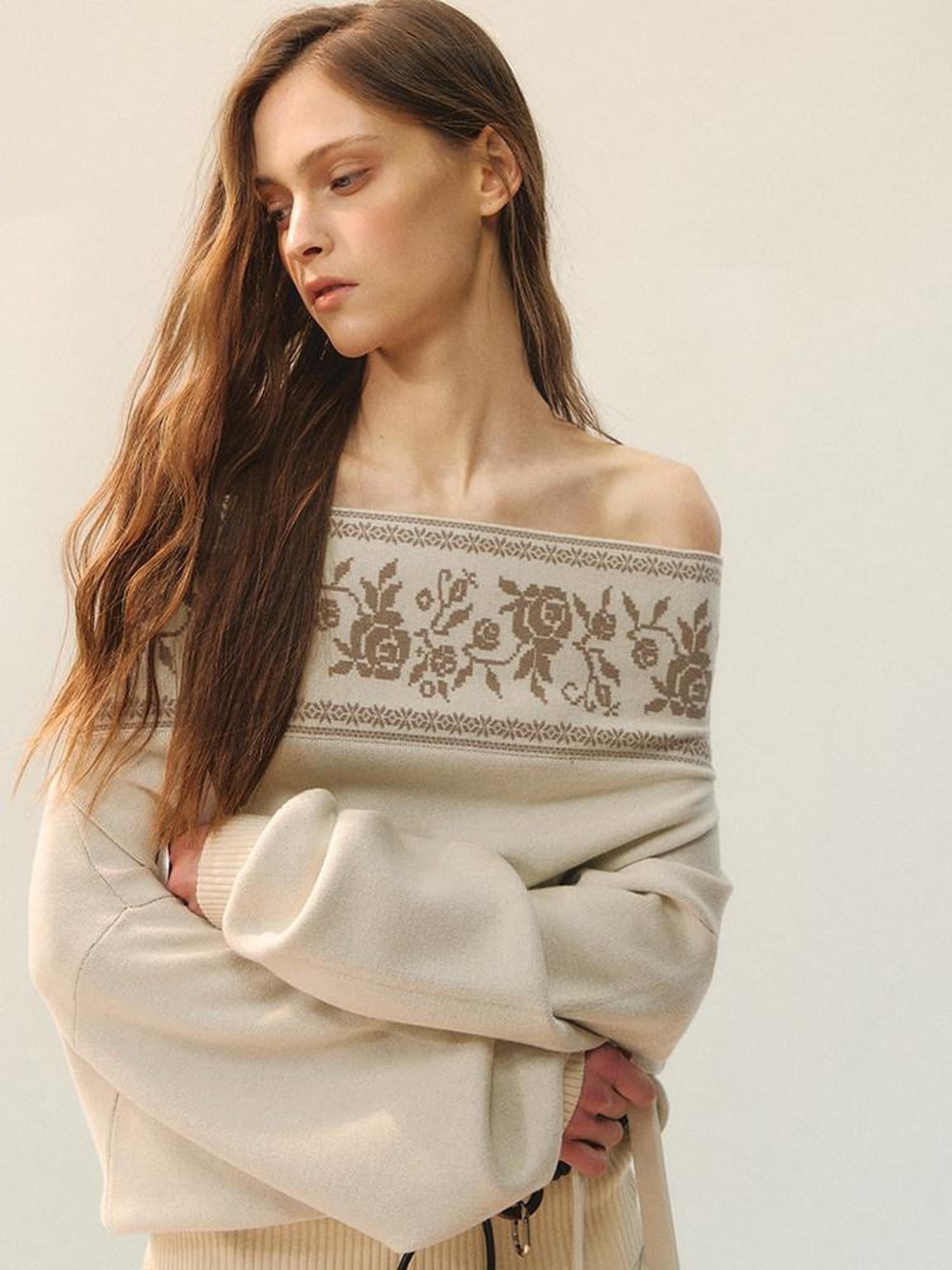 AnnoMundi Viscose Blend Casual Loose One Shoulder High Neck Women Floral Knit Sweaters
