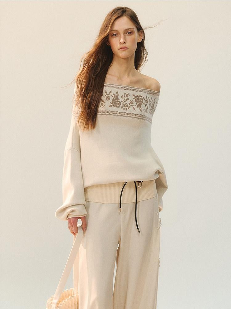 AnnoMundi Viscose Blend Casual Loose One Shoulder High Neck Women Floral Knit Sweaters