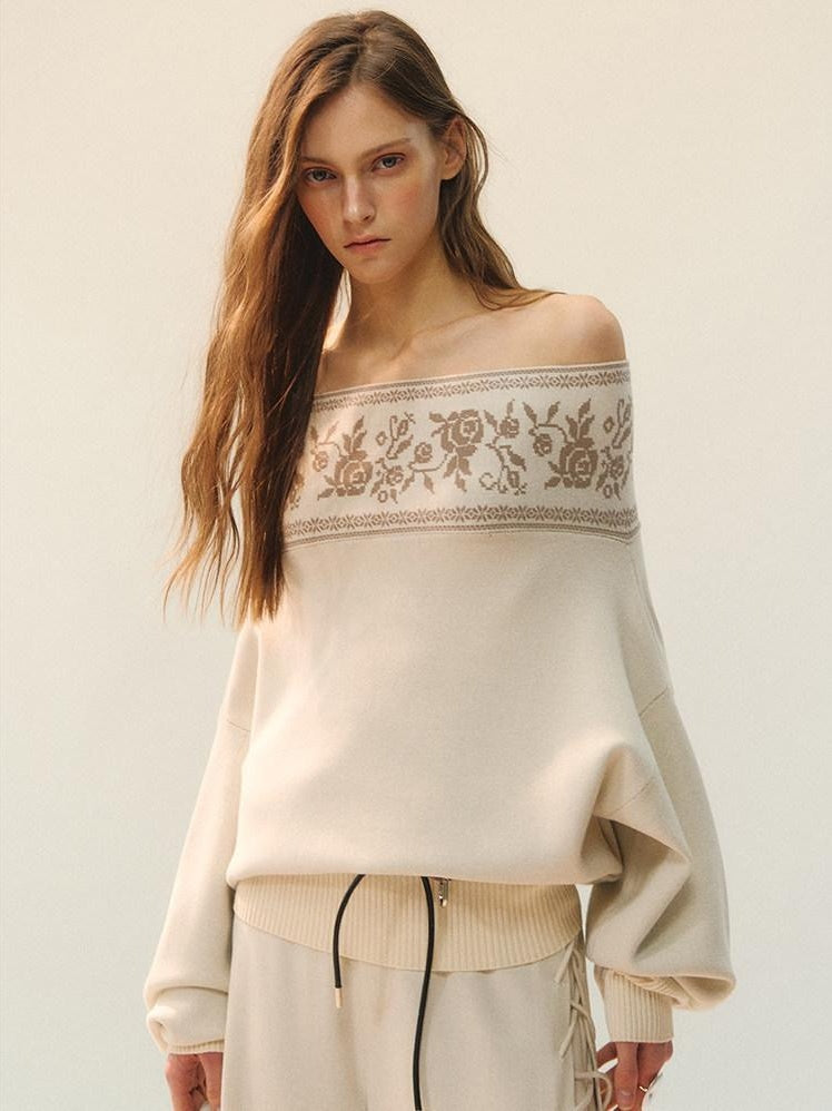 AnnoMundi Viscose Blend Casual Loose One Shoulder High Neck Women Floral Knit Sweaters