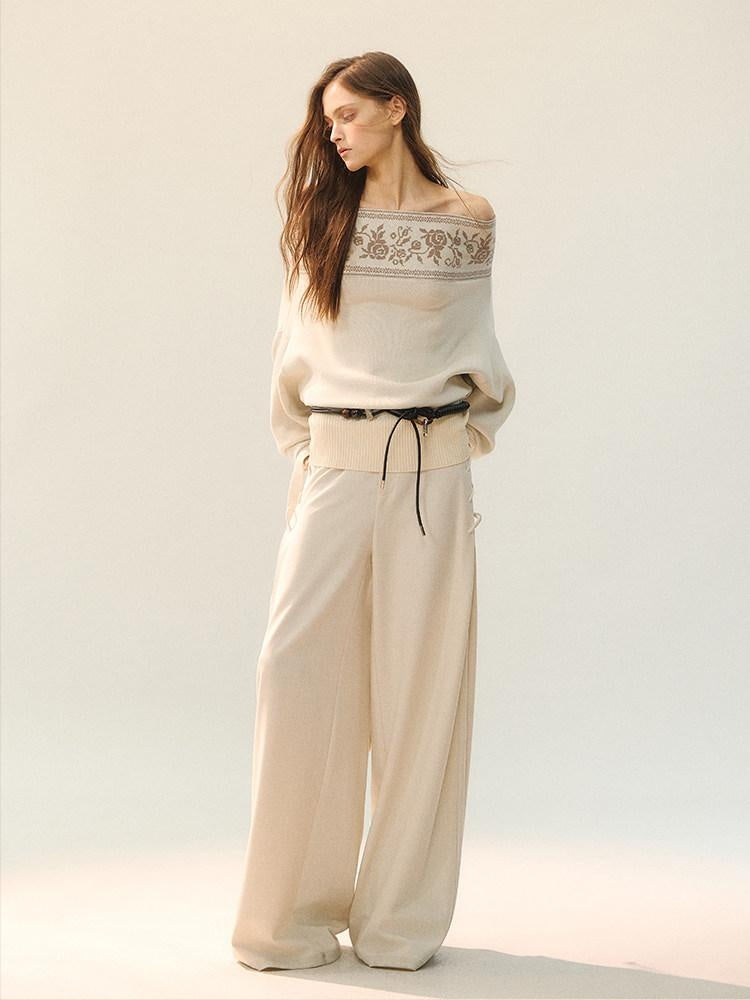 AnnoMundi Viscose Blend Casual Loose One Shoulder High Neck Women Floral Knit Sweaters