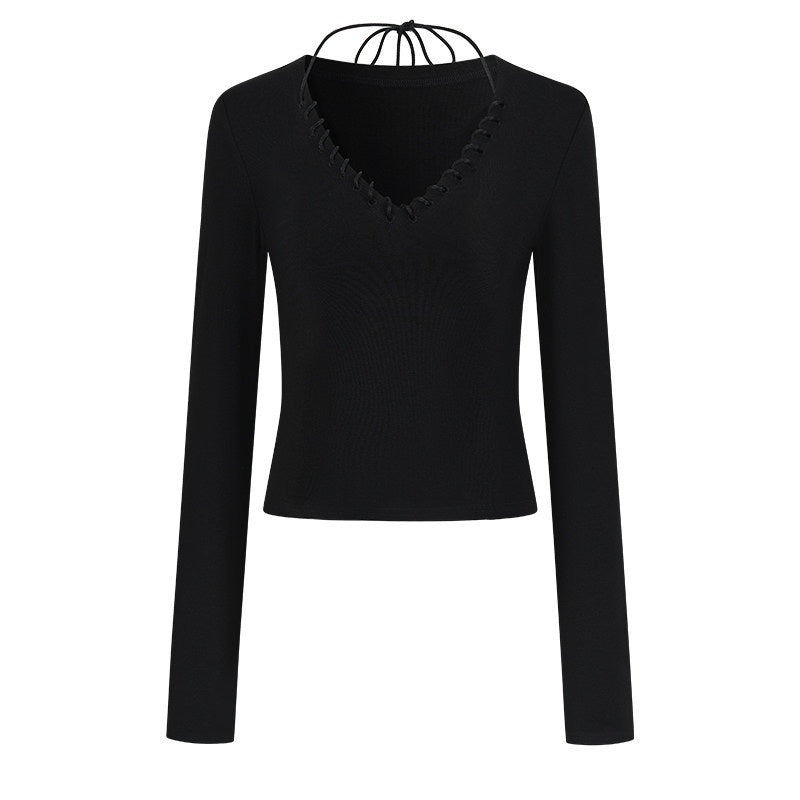 AnnoMundi_Viscose_Blend_Slim_V-neck_Casual_Black_For_Women_Long_Sleeve_T-Shirts_MISSTT
