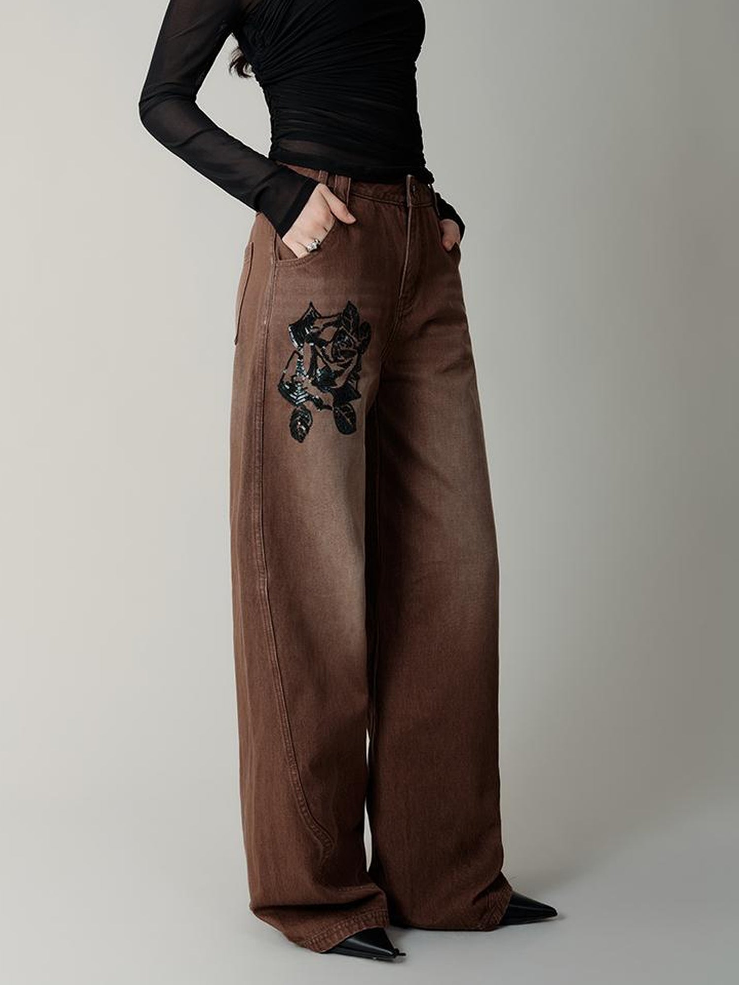 AnnoMundi Volcanic Rose Embroidered Wide Leg Jeans