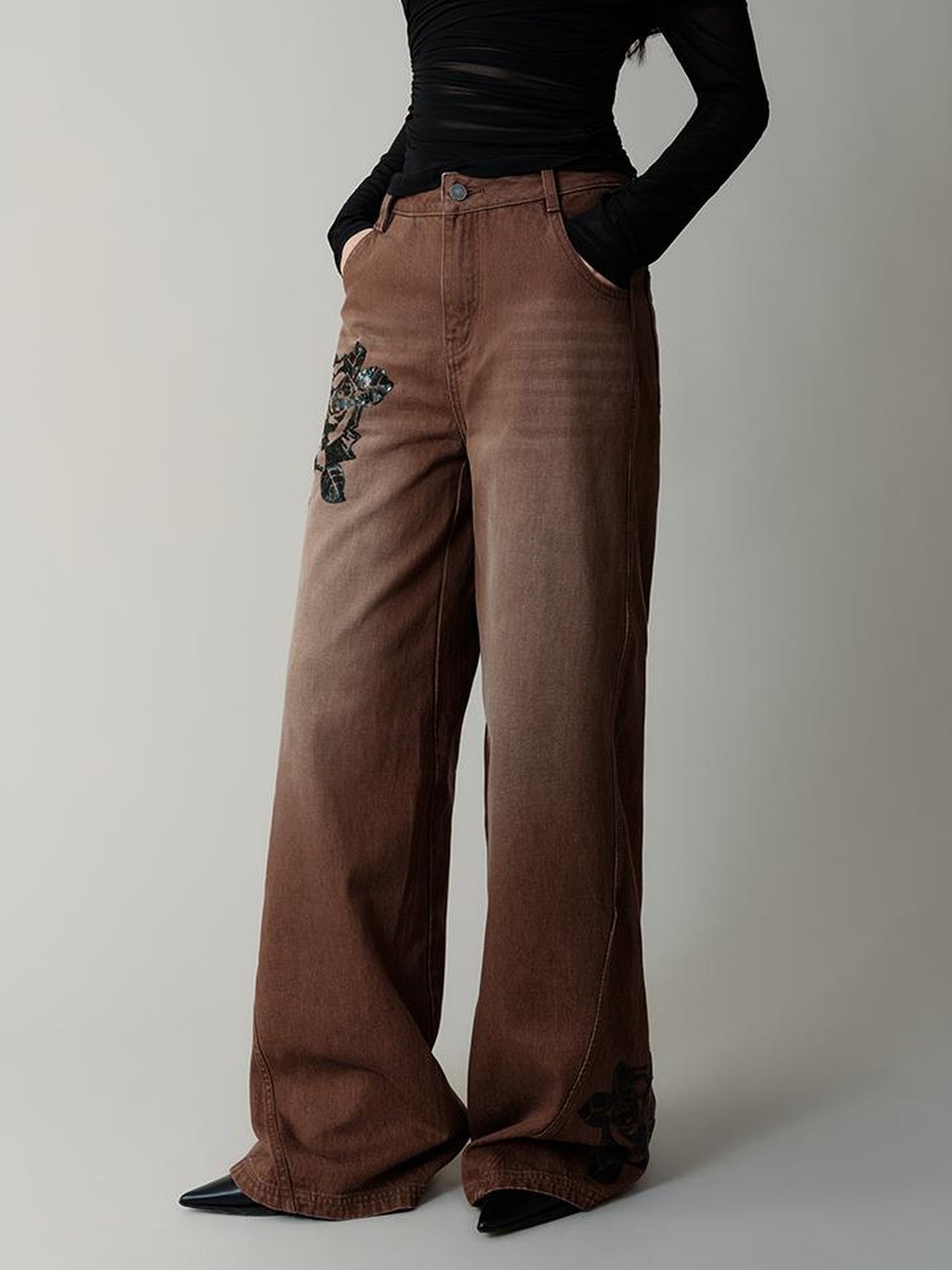 AnnoMundi Volcanic Rose Embroidered Wide Leg Jeans