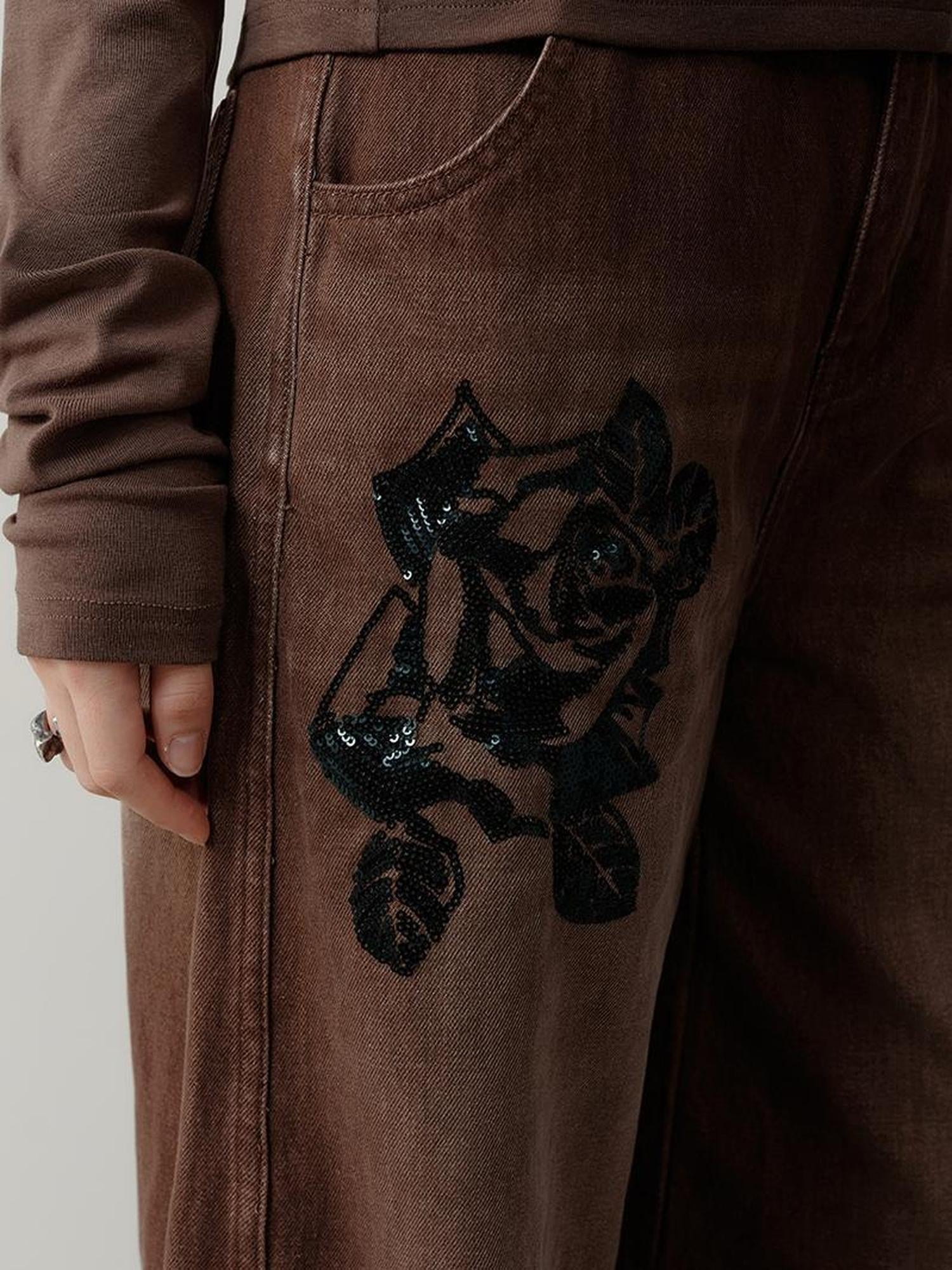 AnnoMundi Volcanic Rose Embroidered Wide Leg Jeans