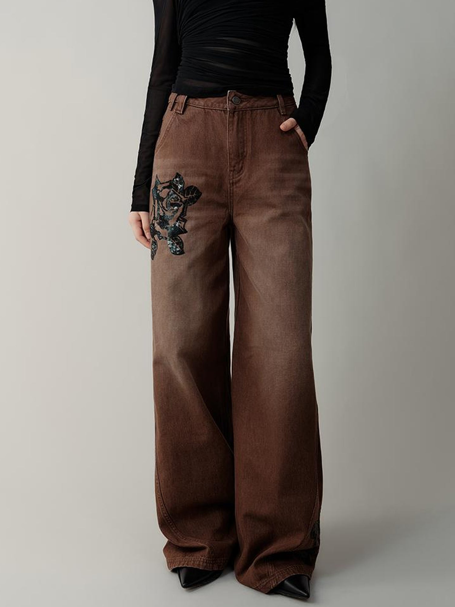 AnnoMundi Volcanic Rose Embroidered Wide Leg Jeans