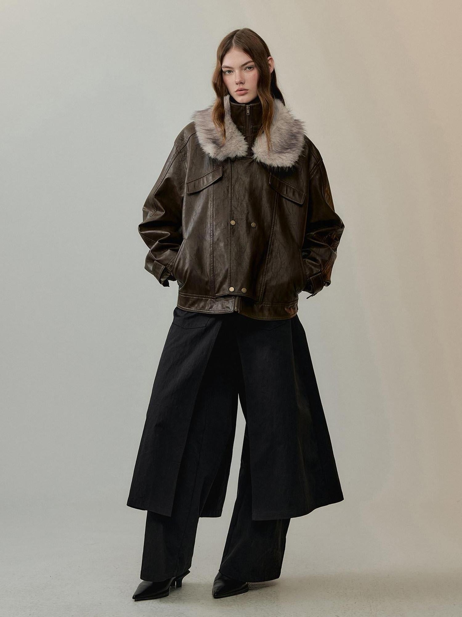 AnnoMundi Warm Pu Fur Collar Vintage Loose Fit Women Brown Zipper Leather Jackets