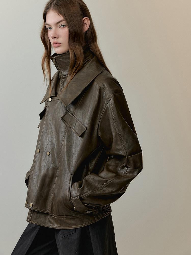 AnnoMundi Warm Pu Fur Collar Vintage Loose Fit Women Brown Zipper Leather Jackets