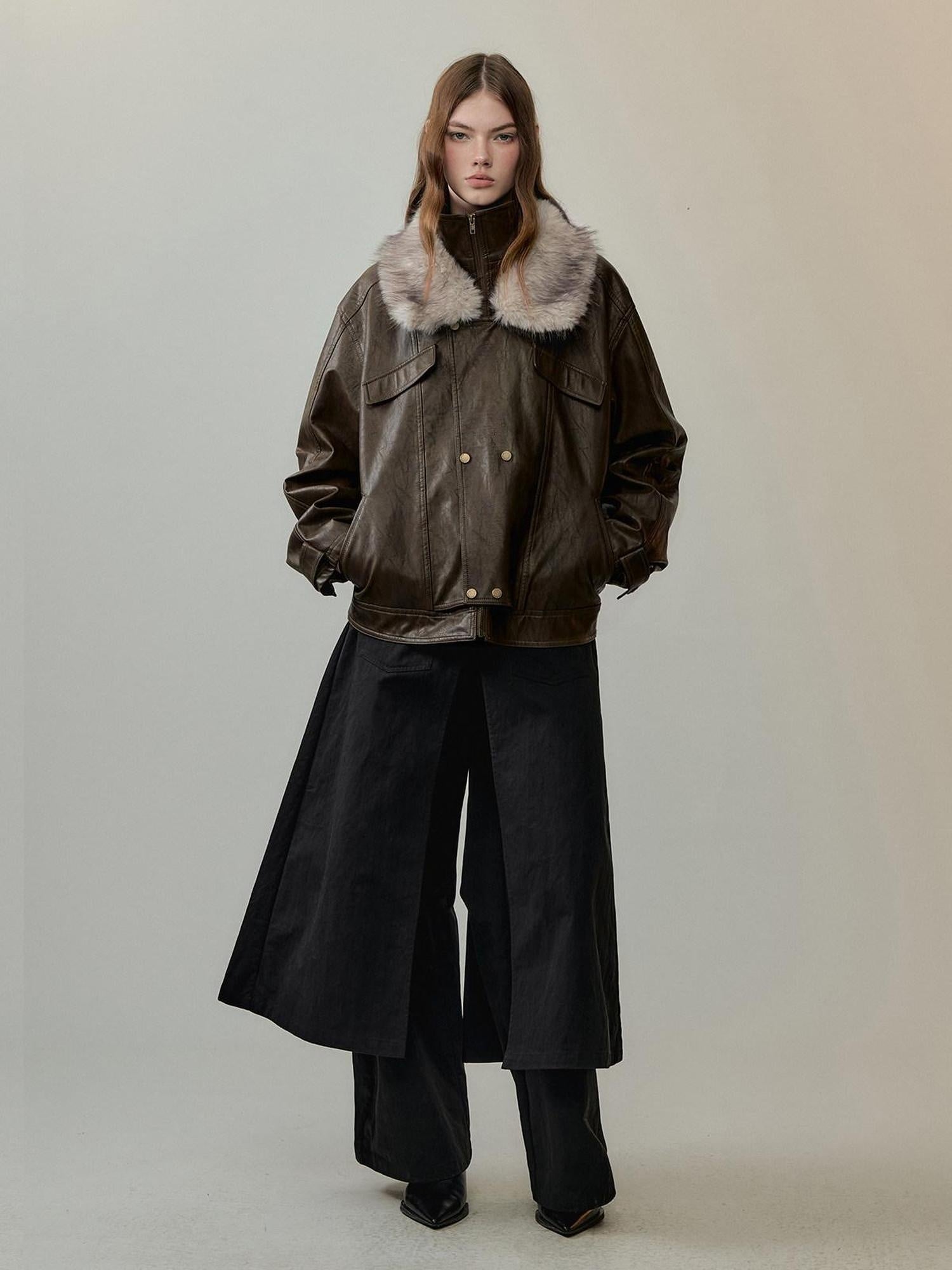 AnnoMundi Warm Pu Fur Collar Vintage Loose Fit Women Brown Zipper Leather Jackets