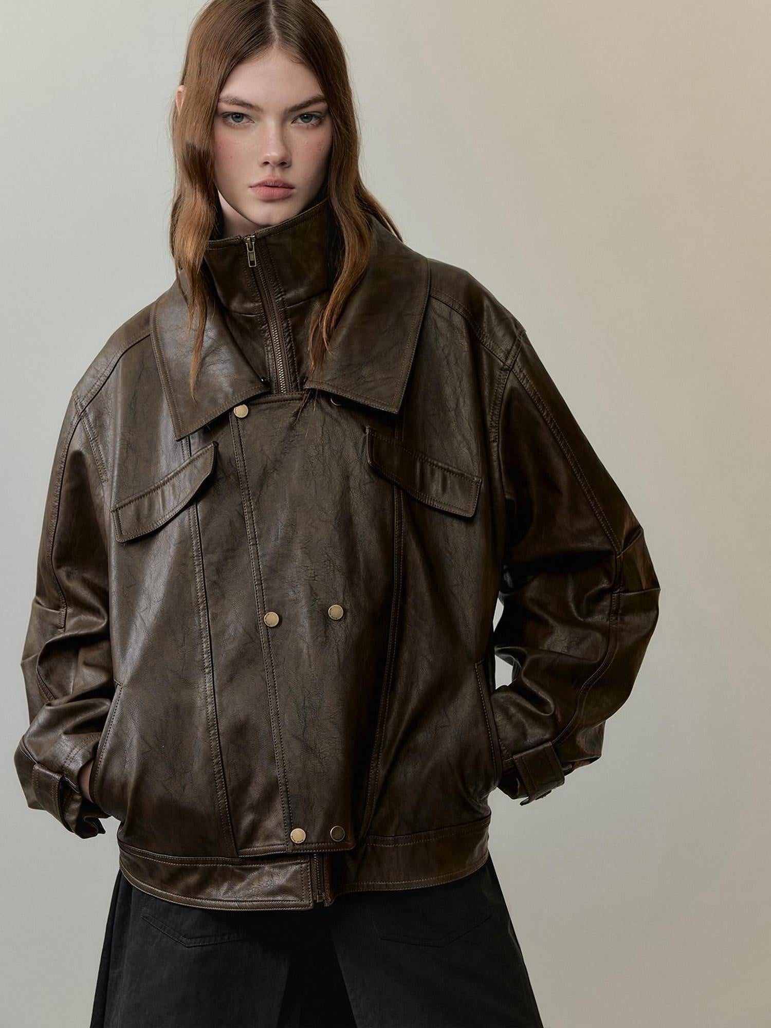 AnnoMundi Warm Pu Fur Collar Vintage Loose Fit Women Brown Zipper Leather Jackets