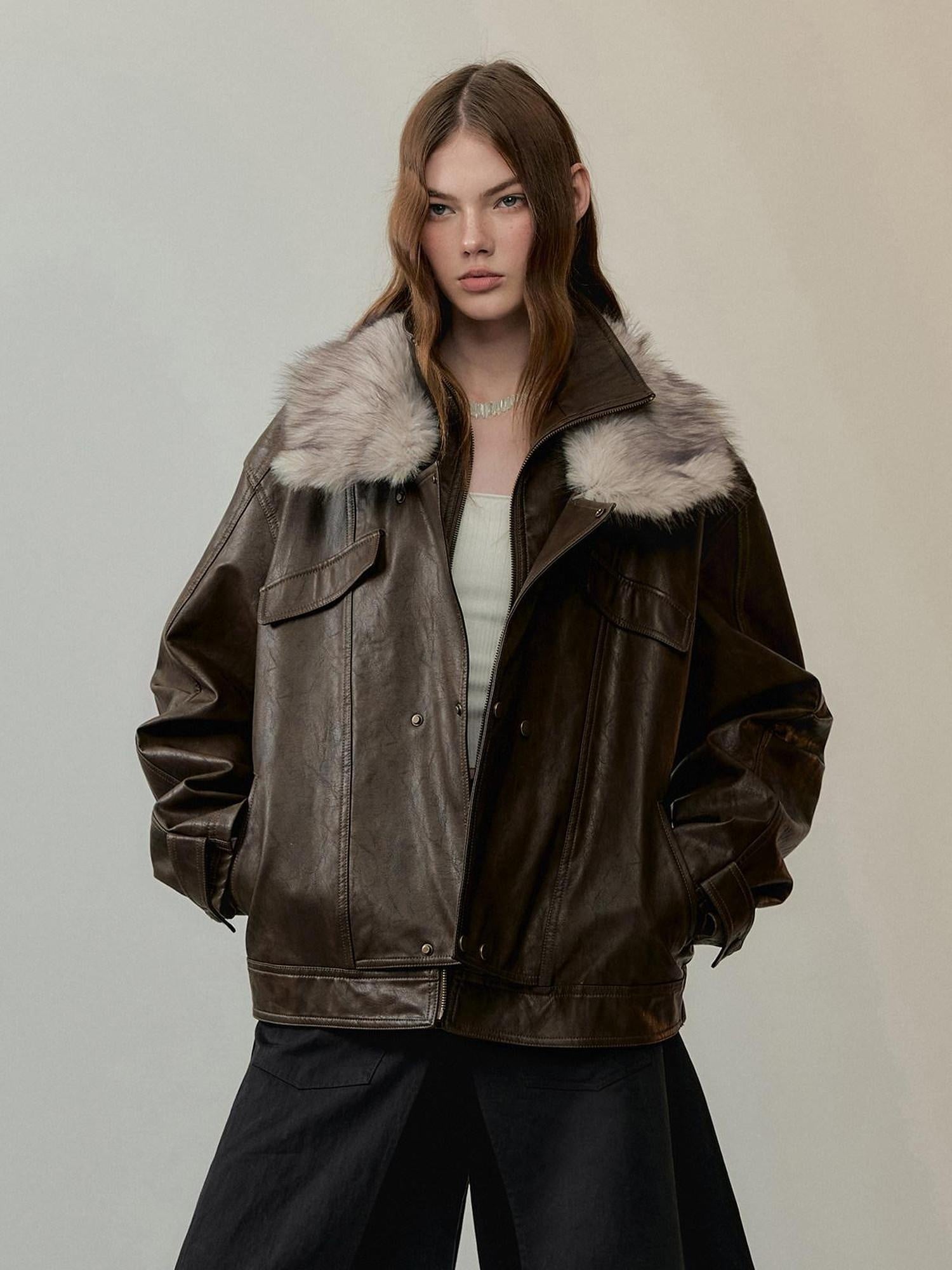 AnnoMundi Warm Pu Fur Collar Vintage Loose Fit Women Brown Zipper Leather Jackets