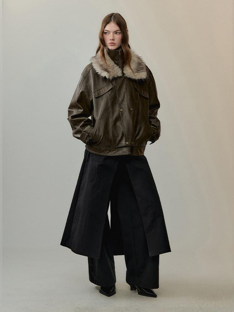 AnnoMundi Warm Pu Fur Collar Vintage Loose Fit Women Brown Zipper Leather Jackets