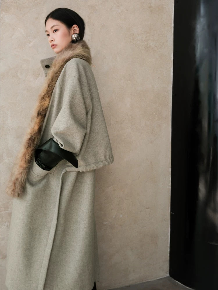 AnnoMundi Warm Wool Blend Thick Loose Fit Notched Lapel Commuter Women Gray Coat