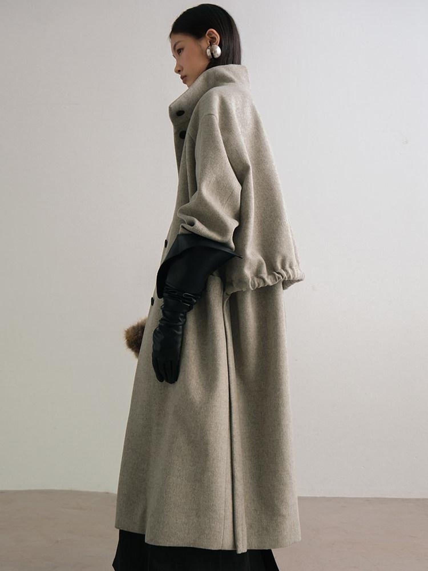 AnnoMundi Warm Wool Blend Thick Loose Fit Notched Lapel Commuter Women Gray Coat