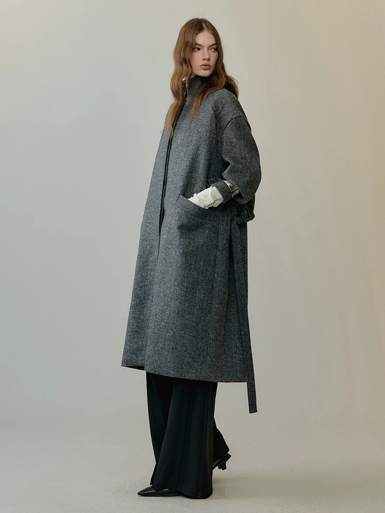 AnnoMundi Warm Wool Blend Thick Loose Fit Notched Lapel Commuter Women Gray Coat
