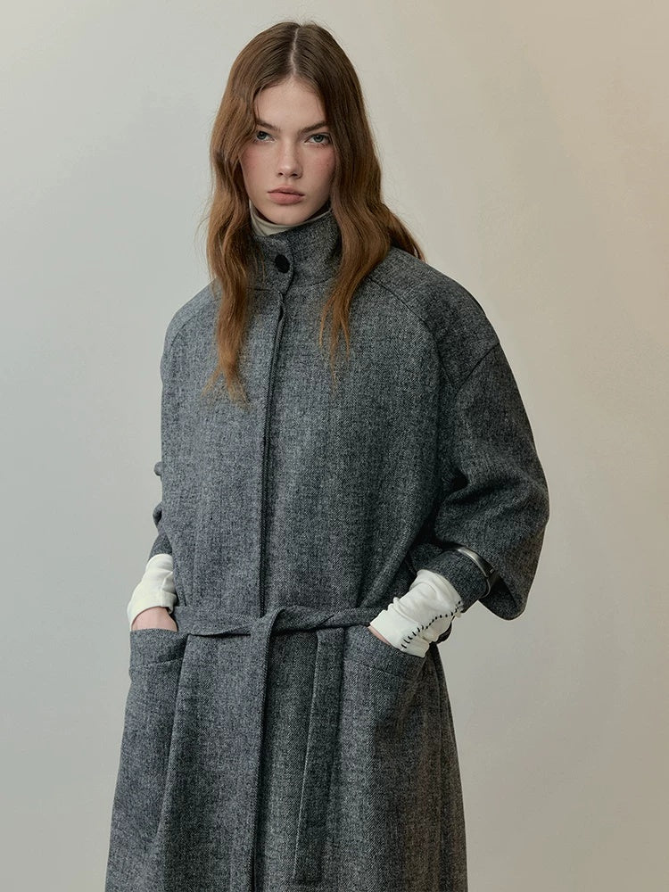 AnnoMundi Warm Wool Blend Thick Loose Fit Notched Lapel Commuter Women Gray Coat