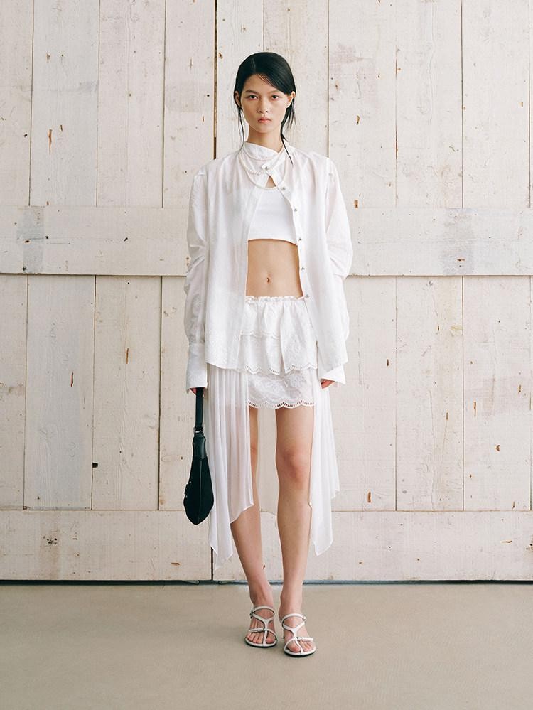 AnnoMundi White Collarless Cross Front Curved Blade Cuffed Women&