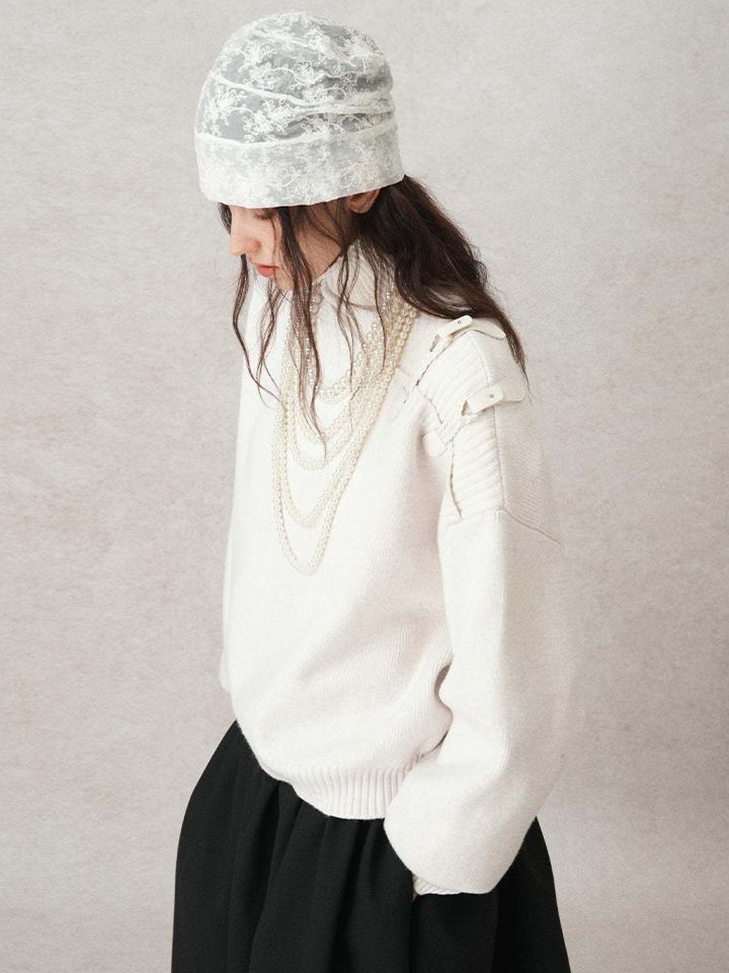 AnnoMundi Woven Light Poetry Textured Knit Sweater V-Neck T-Shirt Long Sleeve
