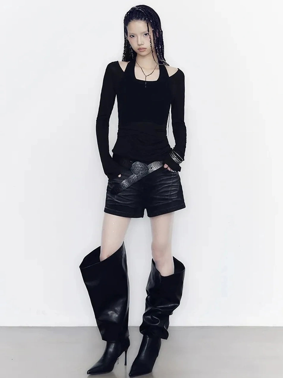 AnnoMundi Wrinkle Resistant Draped Hollow Out Drop Cut Top T-shirt