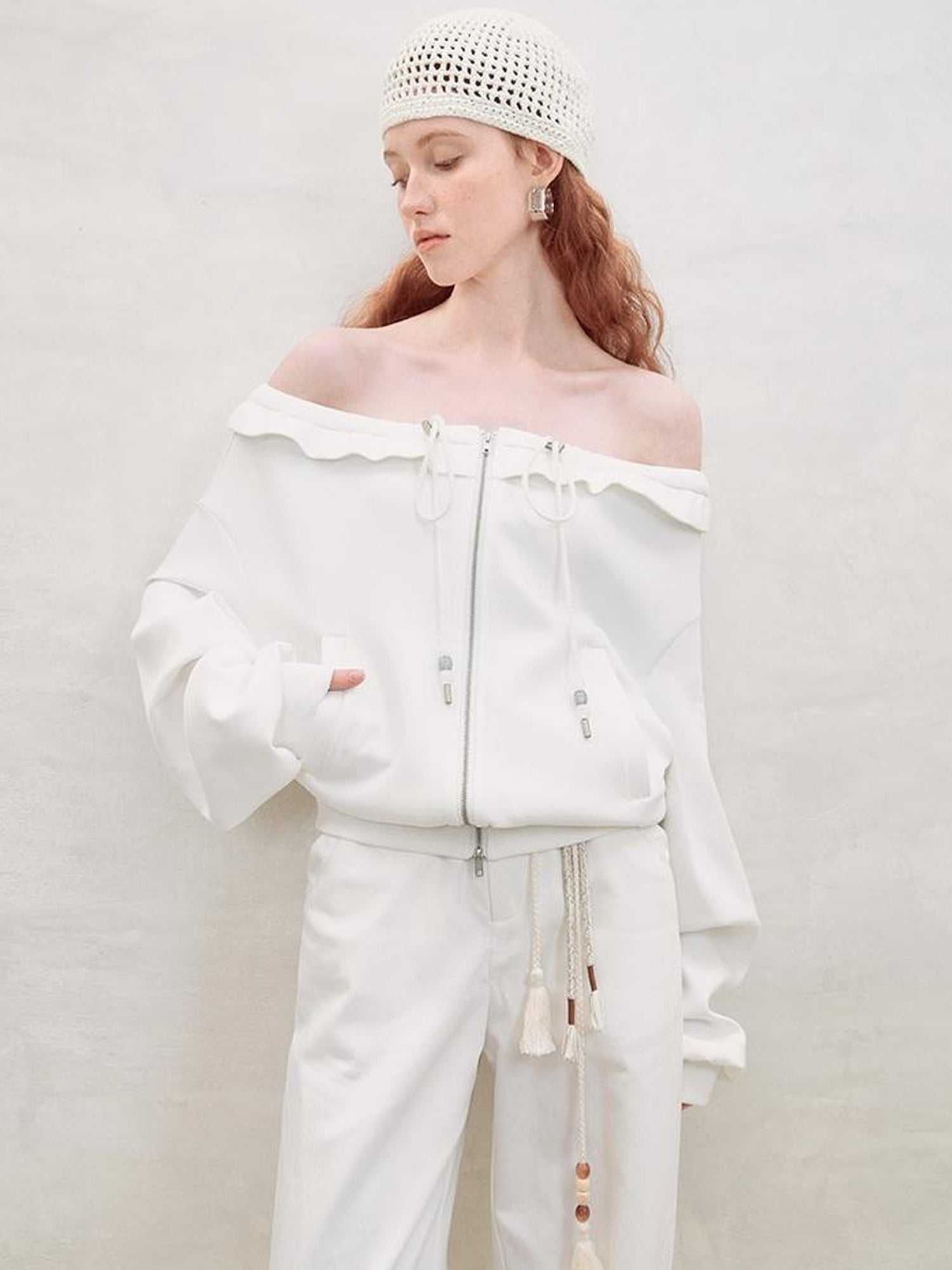 AnnoMundi Zip Front Knit Sweatshirt with Beaded Drawstring