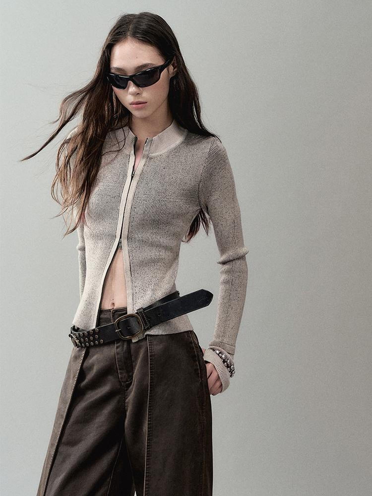 AnnoMundi Zipper Knit Cardigan With Spliced Panels And Distressed Cuffs