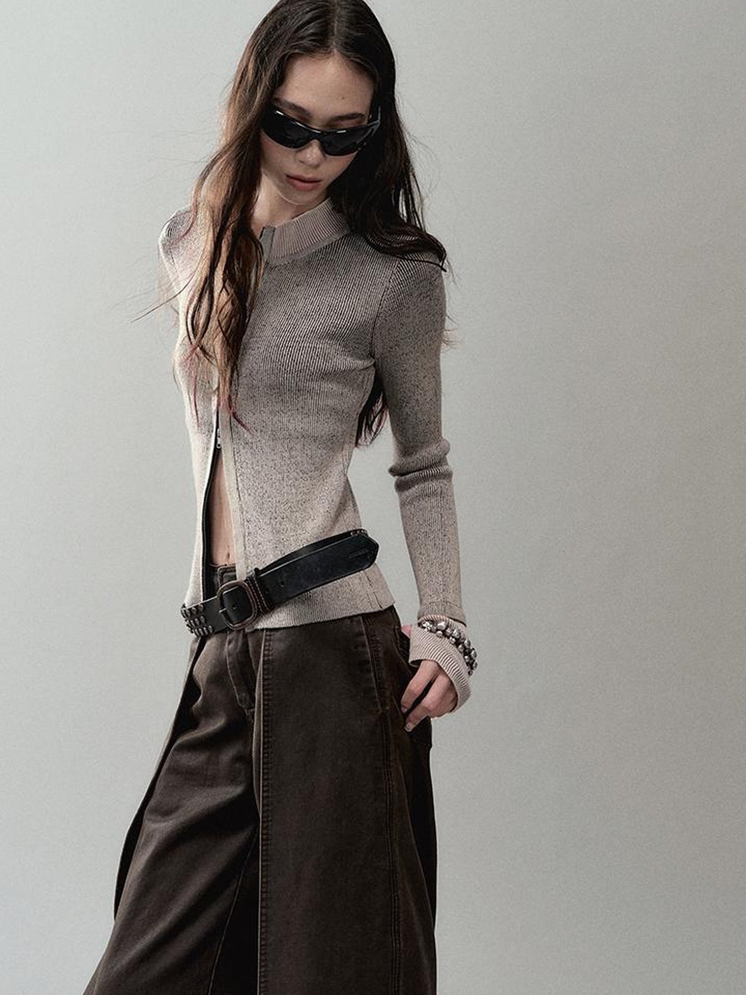 AnnoMundi Zipper Knit Cardigan With Spliced Panels And Distressed Cuffs