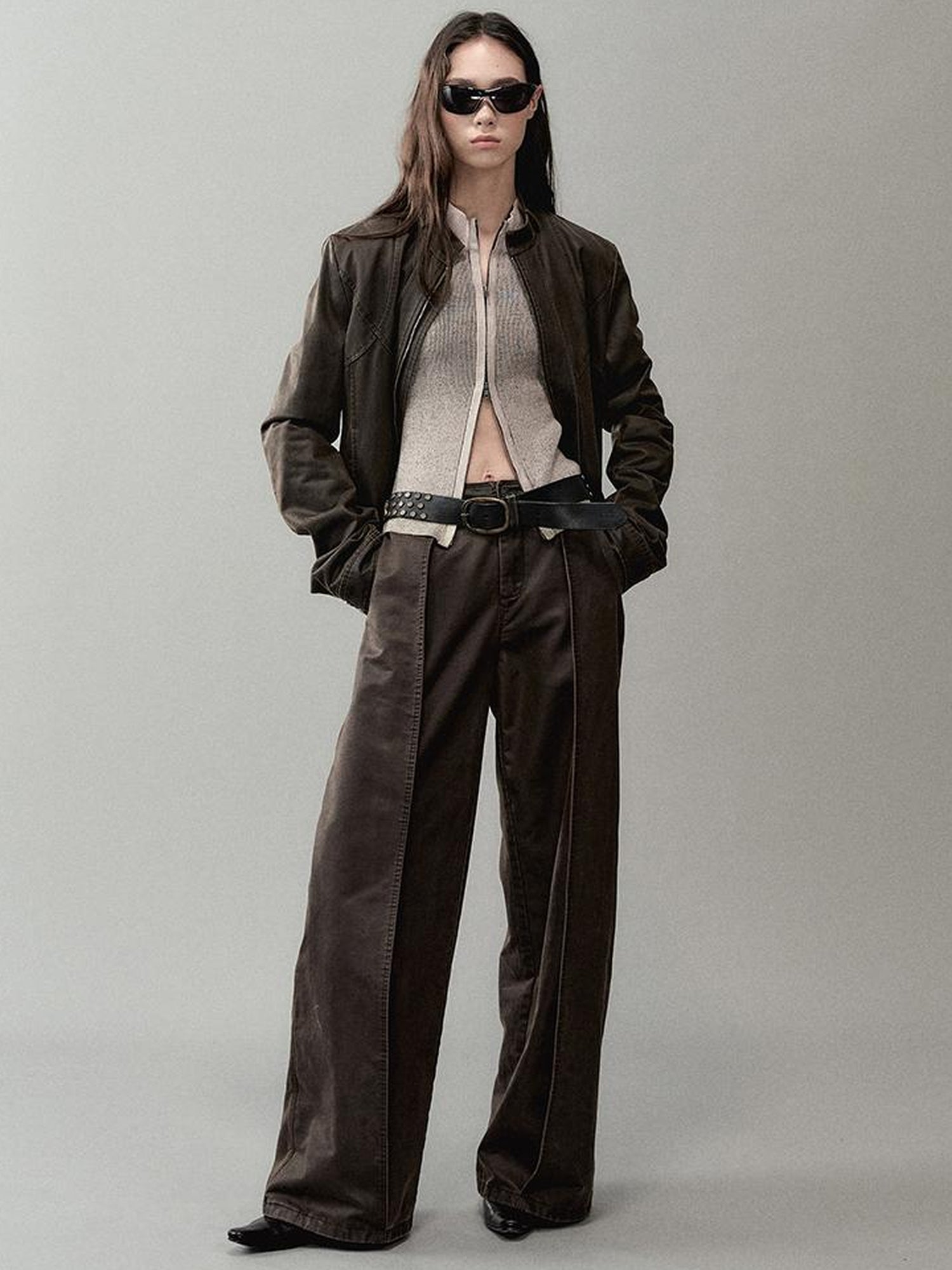 AnnoMundi Zipper Knit Cardigan With Spliced Panels And Distressed Cuffs