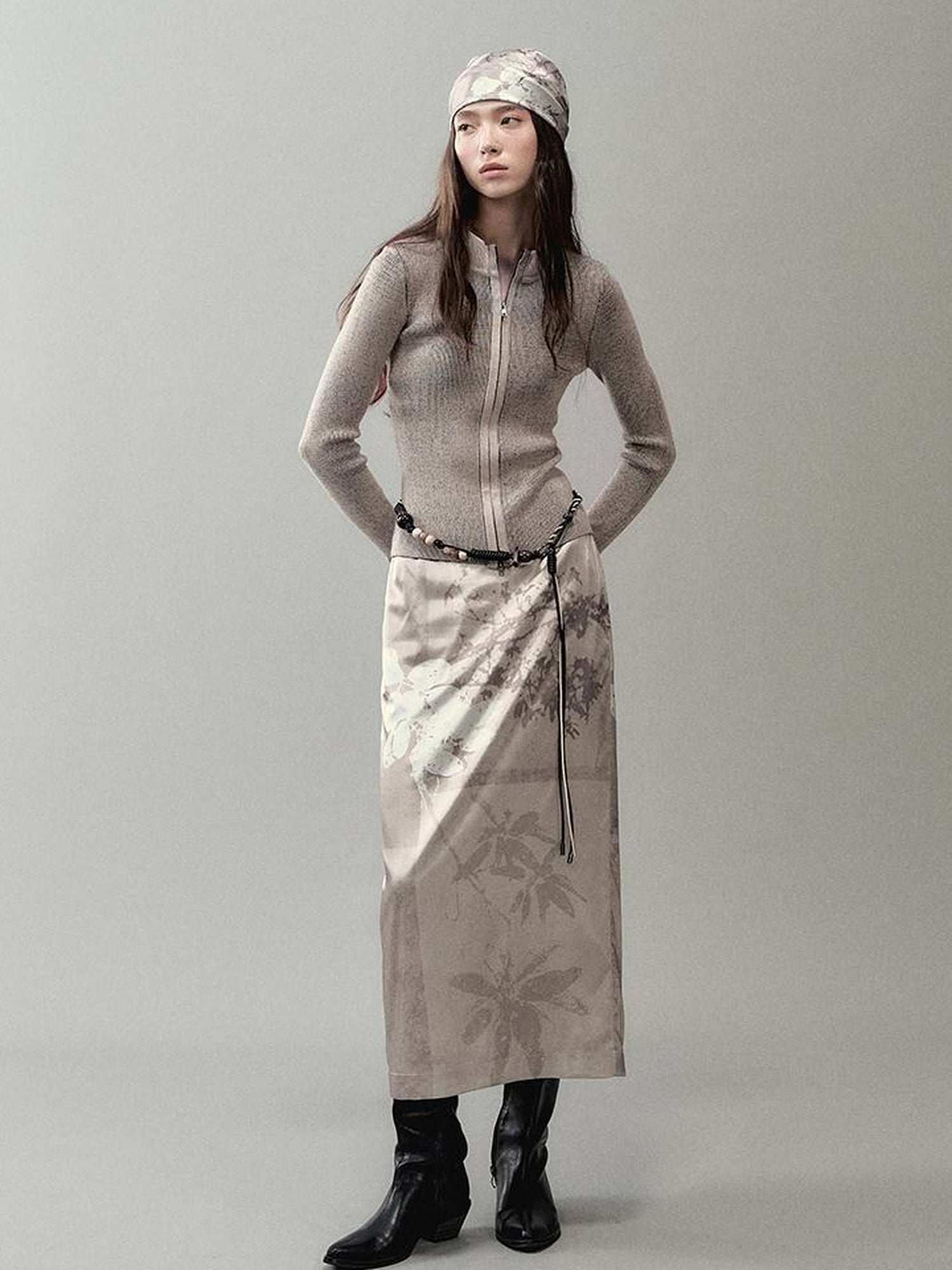 AnnoMundi Zipper Knit Cardigan With Spliced Panels And Distressed Cuffs