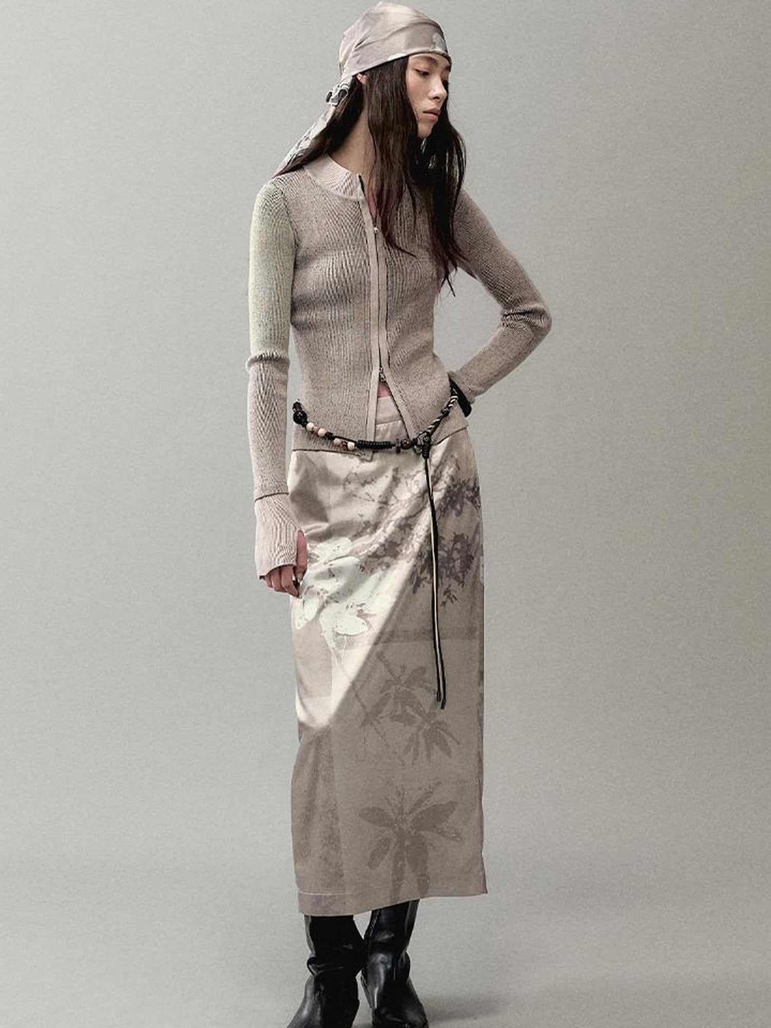 AnnoMundi Zipper Knit Cardigan With Spliced Panels And Distressed Cuffs