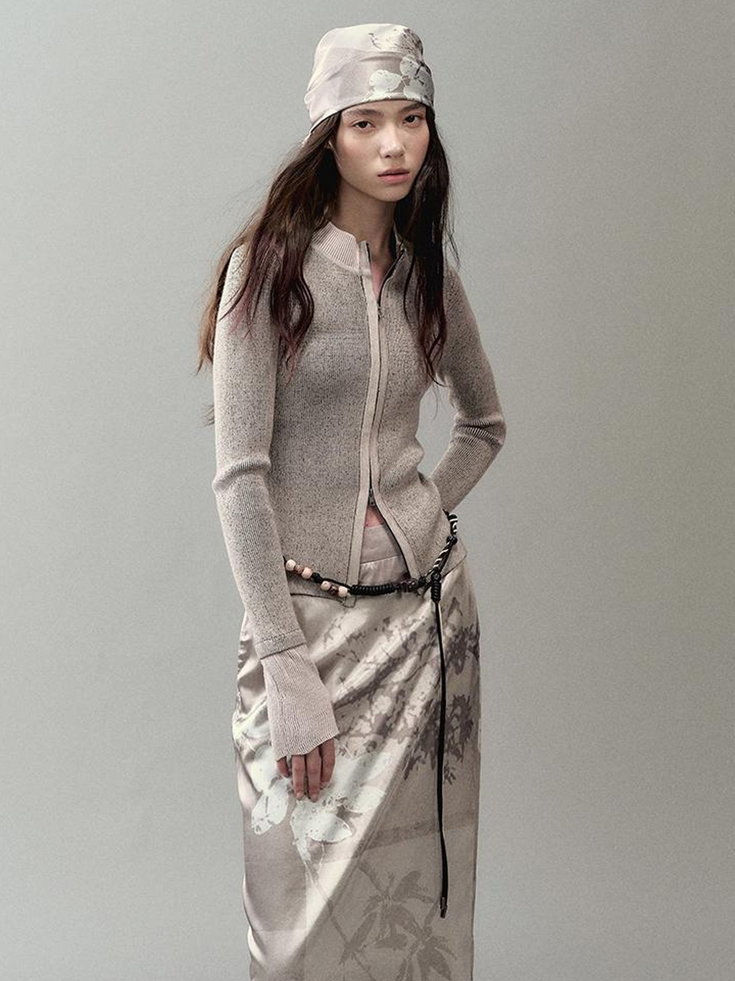 AnnoMundi Zipper Knit Cardigan With Spliced Panels And Distressed Cuffs