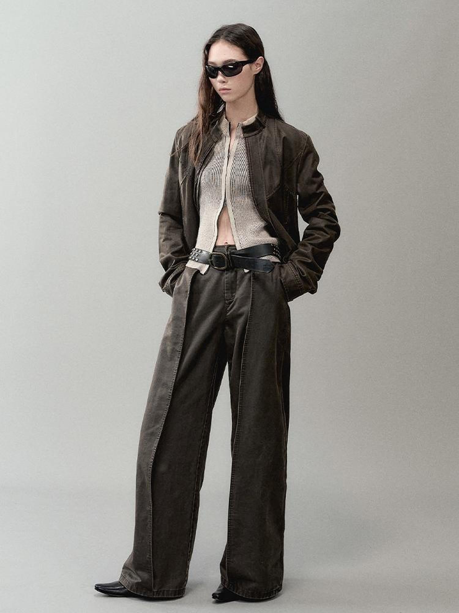 AnnoMundi Zipper Knit Cardigan With Spliced Panels And Distressed Cuffs