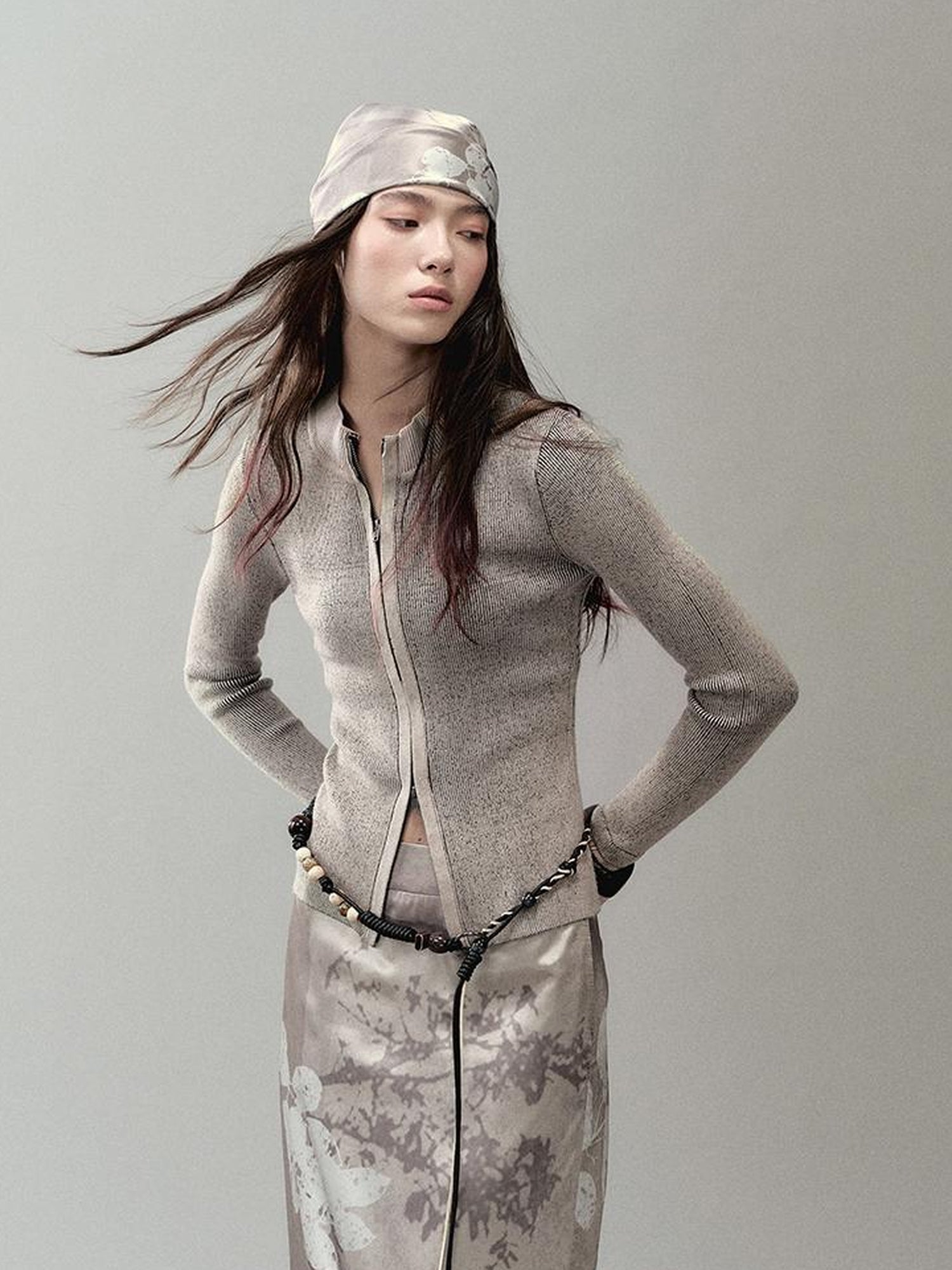 AnnoMundi Zipper Knit Cardigan With Spliced Panels And Distressed Cuffs