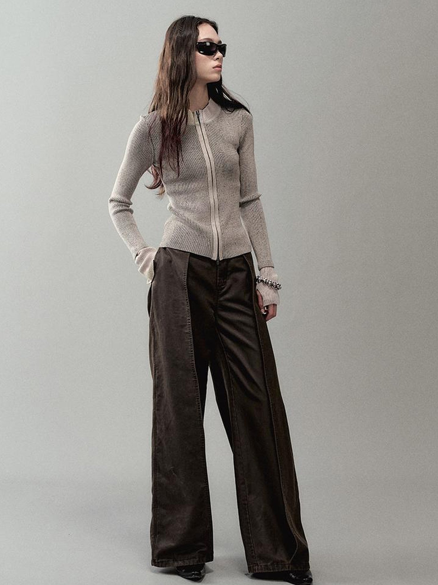 AnnoMundi Zipper Knit Cardigan With Spliced Panels And Distressed Cuffs