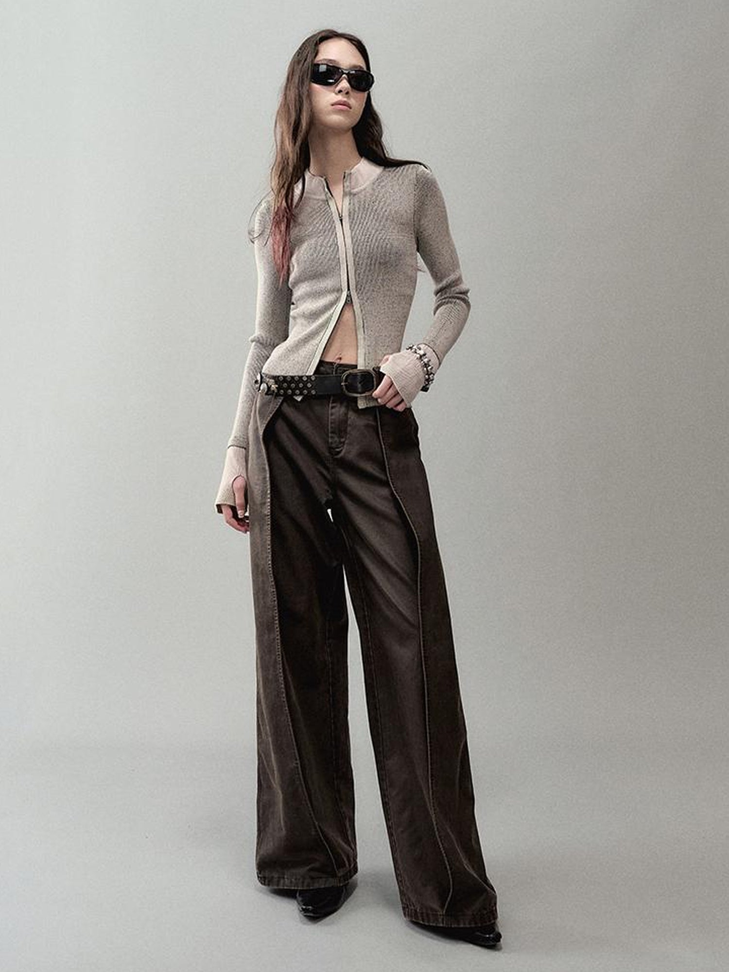 AnnoMundi Zipper Knit Cardigan With Spliced Panels And Distressed Cuffs