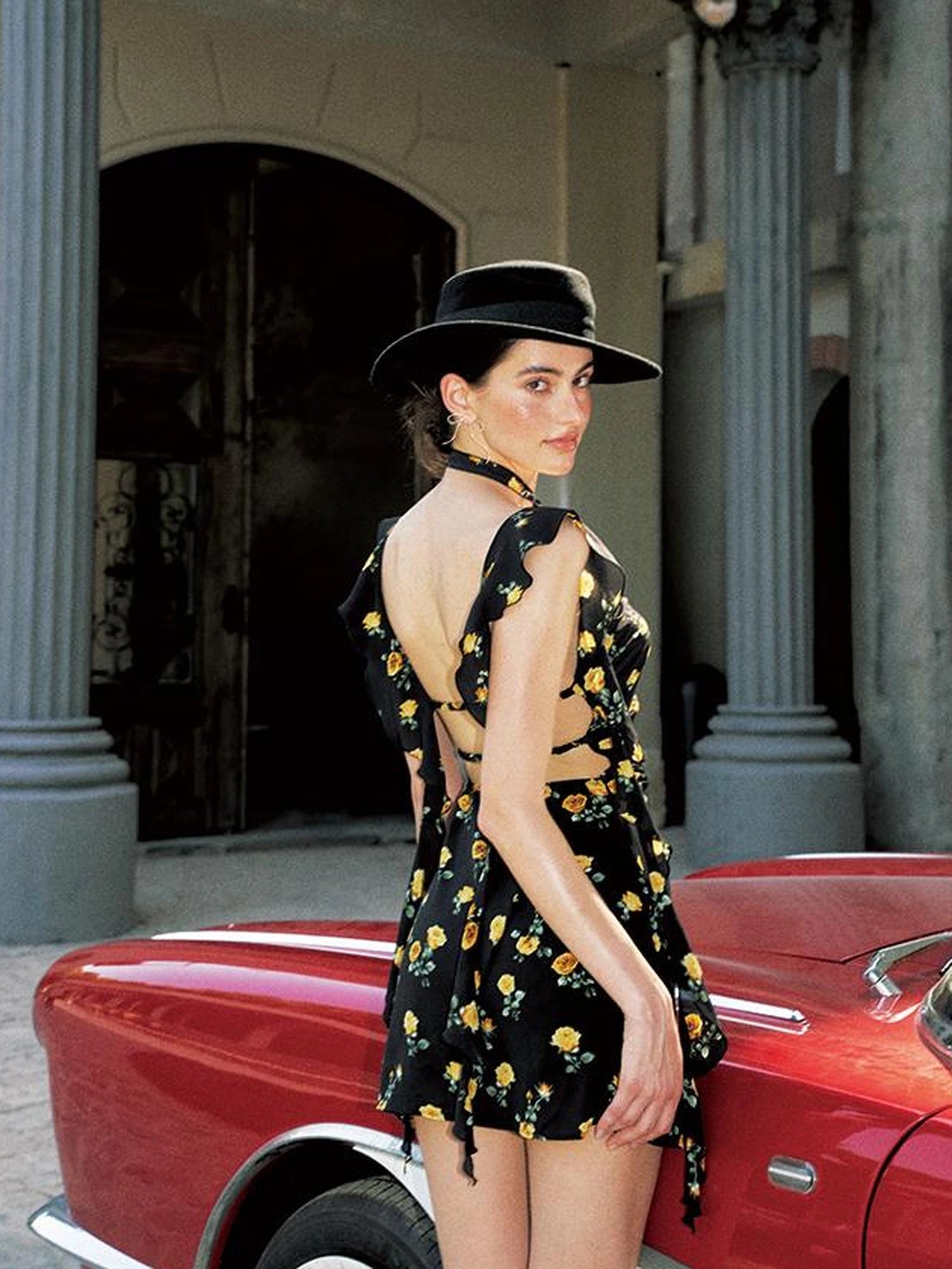 Backless Yellow Rose Print Ribbon Tie Lace Trim Dress