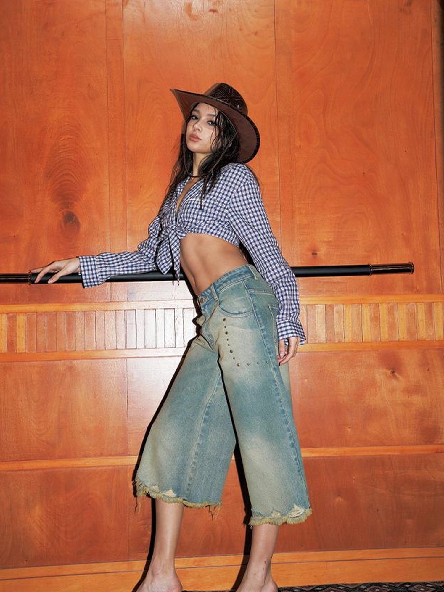 Blue Checkered Tied Front Crop Shirt