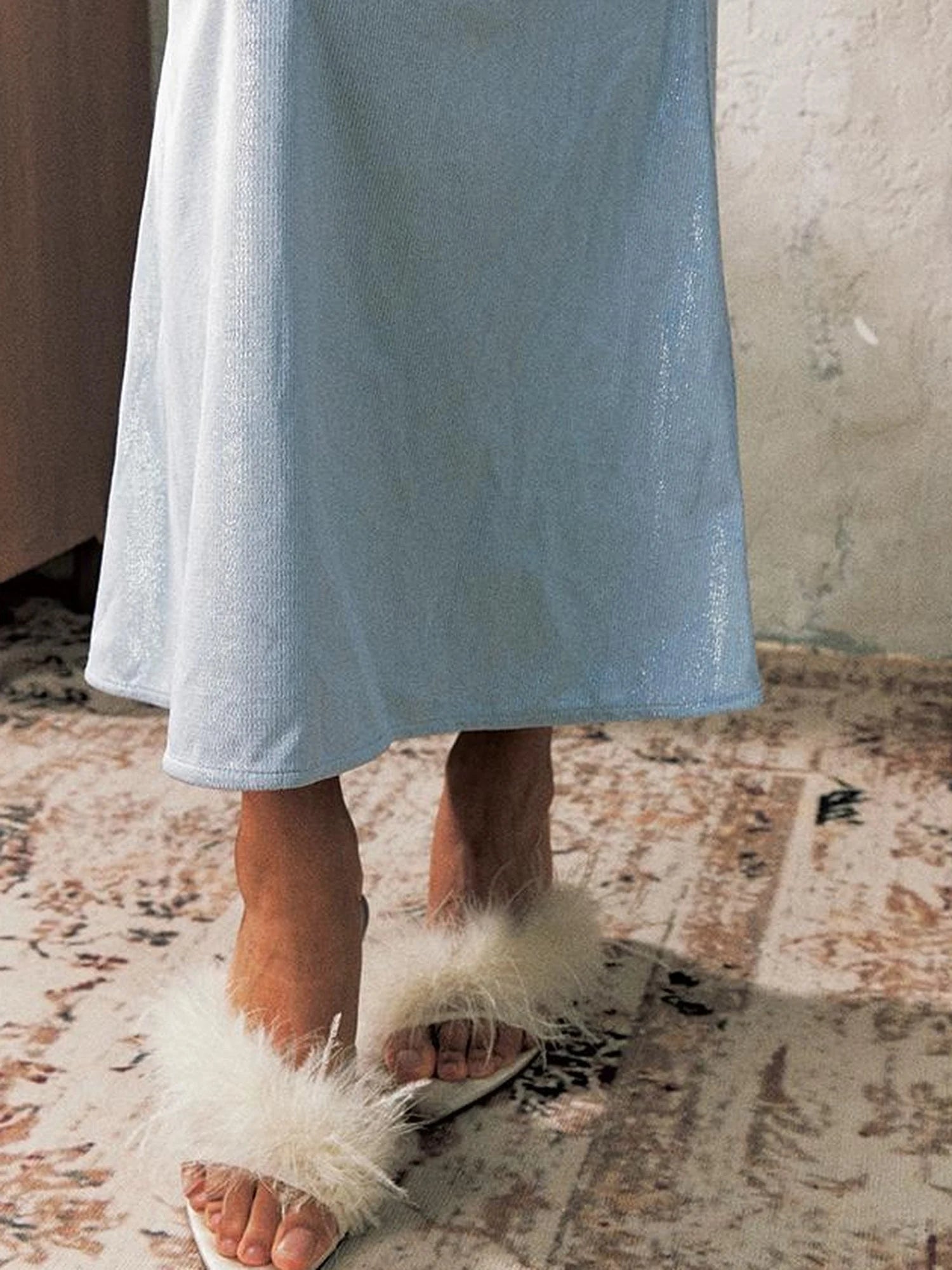 Blue Satin Lace Camisole Slip Dress V Neck T Shirt Long Sleeve