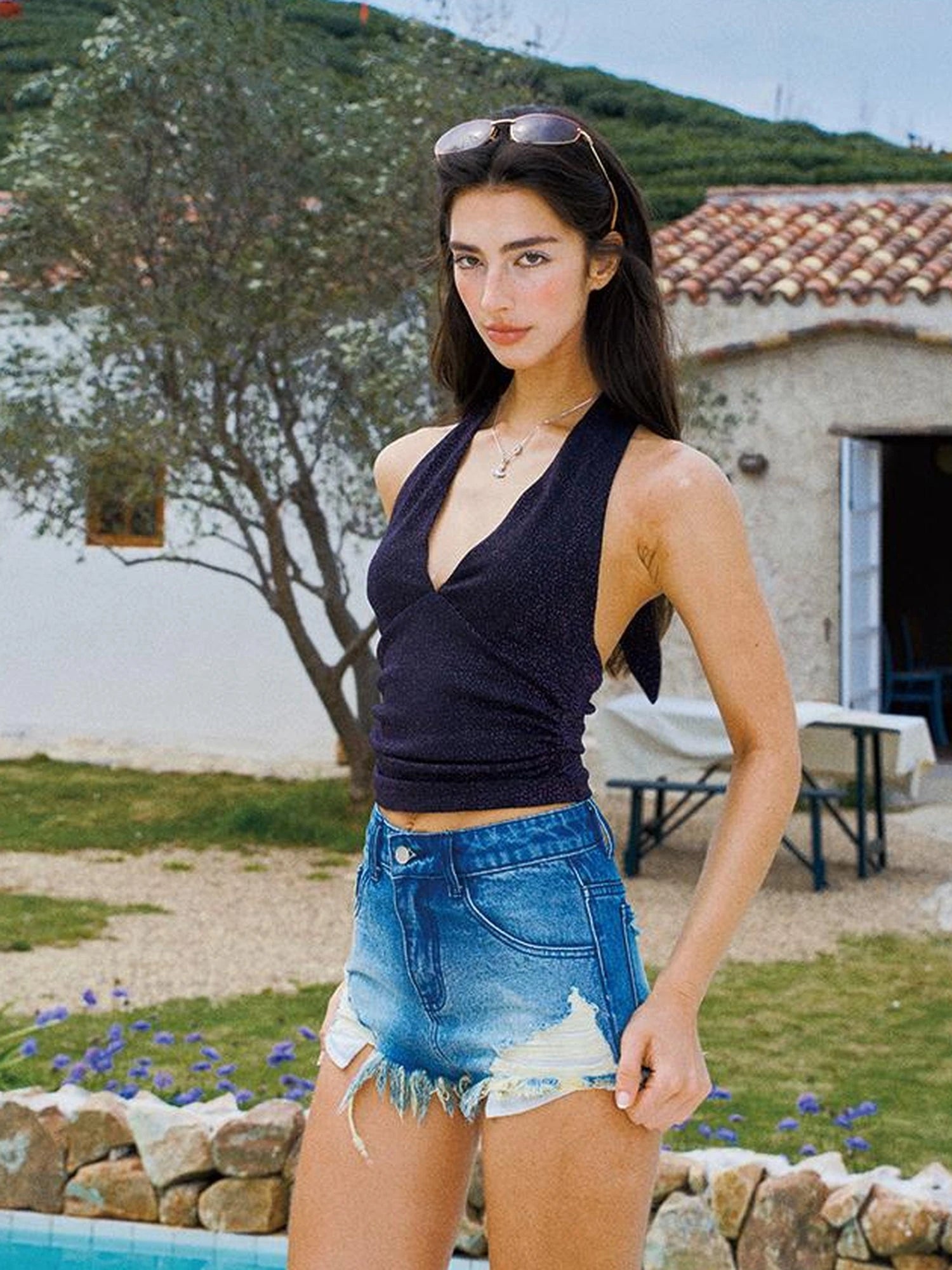 Deep V Back Halter Top In Plum