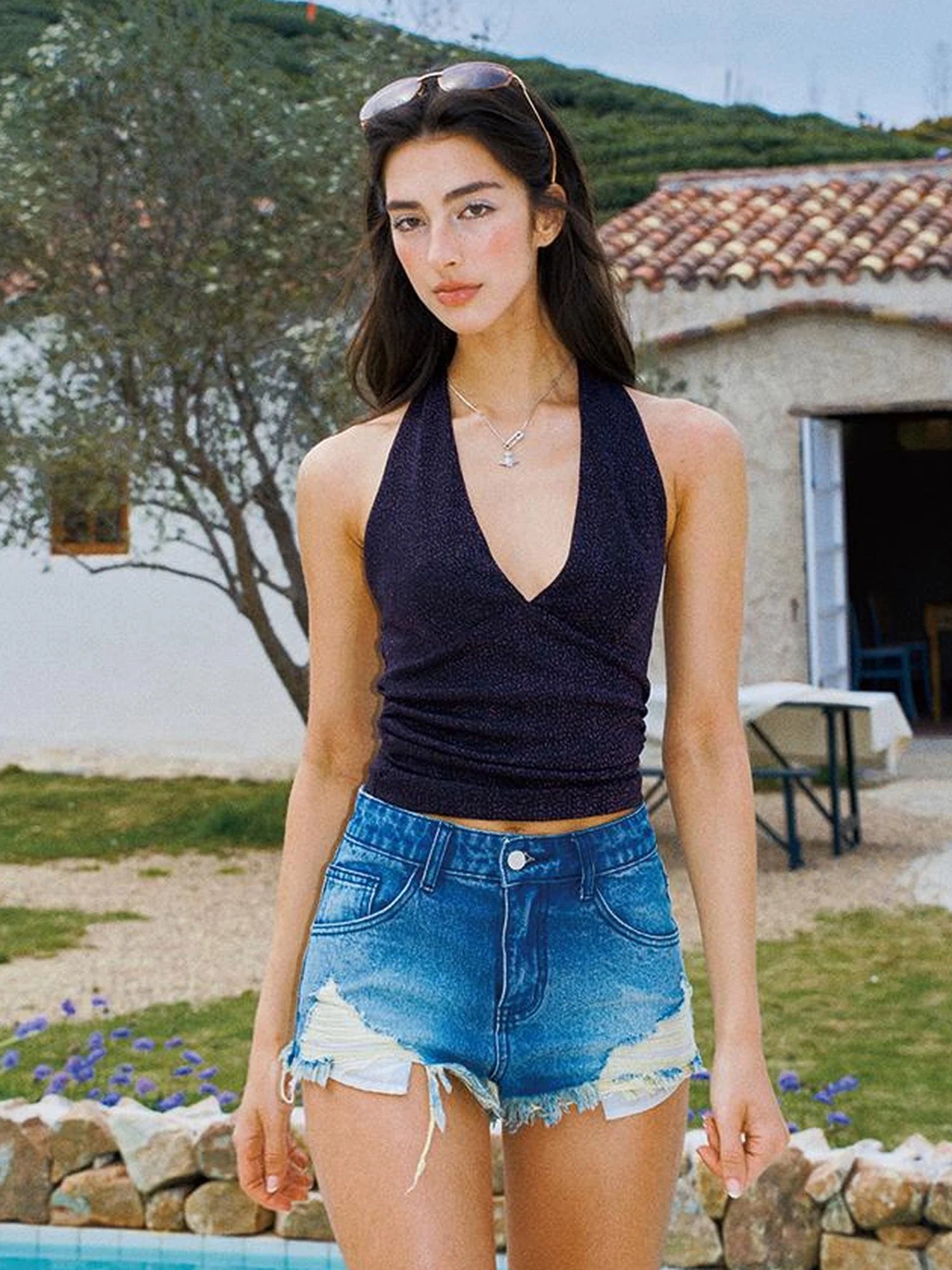 Deep V Back Halter Top In Plum