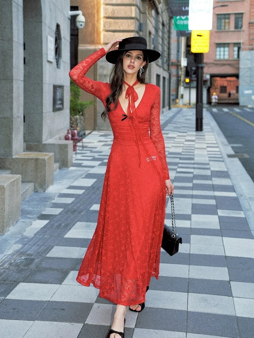 Anti Being General Deep V Lace Trim Red Christmas Evening Gown Dresses