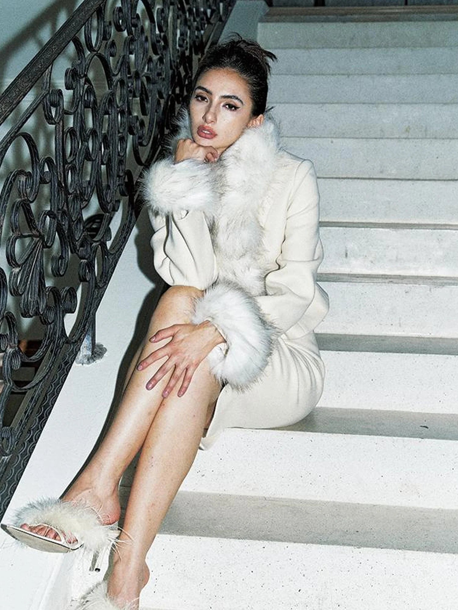 Detachable Faux Fur Collar Tweed Suit Set V Neck T Shirt Long Sleeve